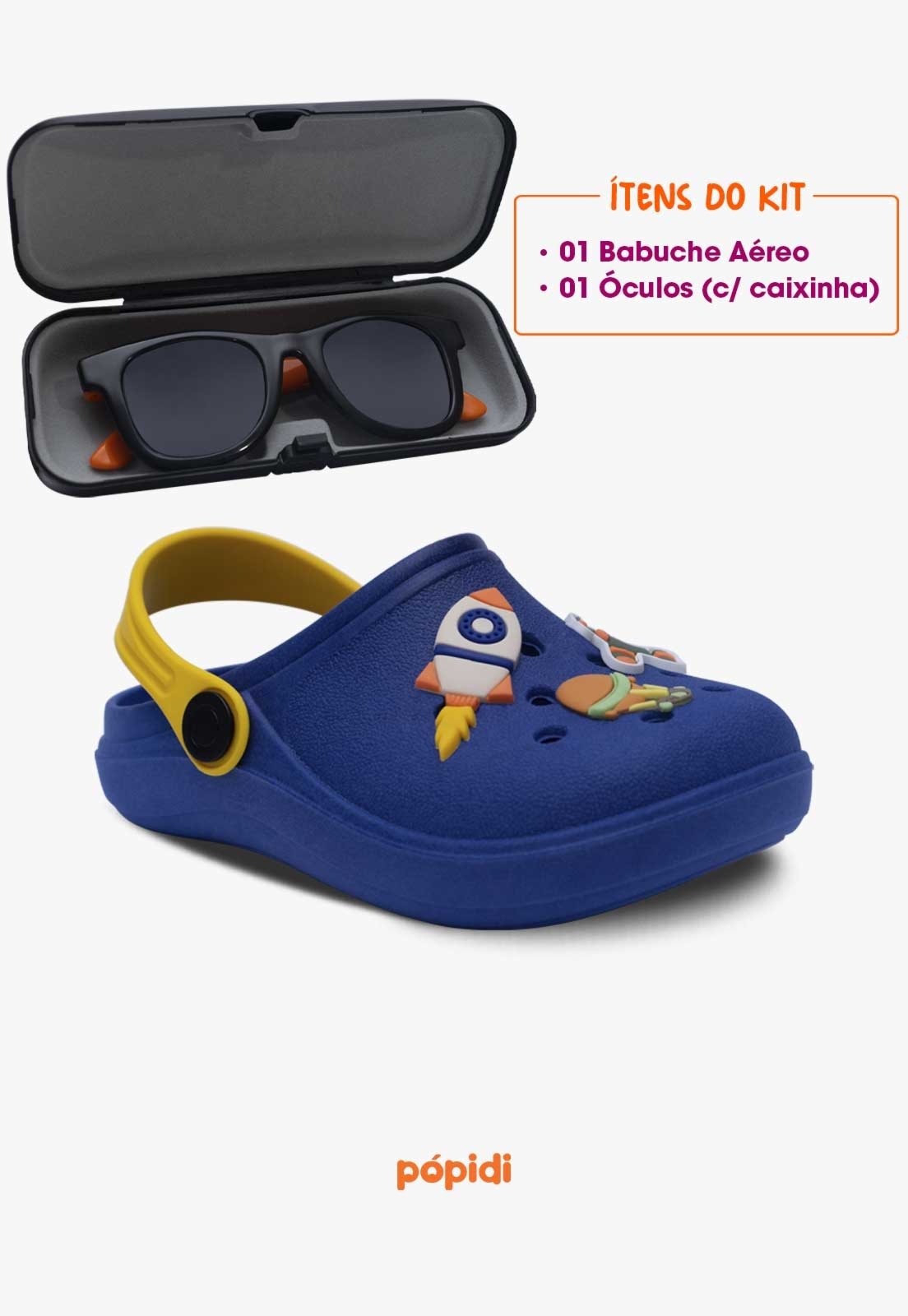 Vista 3 Infantil - Kit Babuche Aereo Pópidi Azul Royal com Óculos de Sol Laranja Com Capinha amarelo/laranja azul Pópidí amarelo/laranja azul