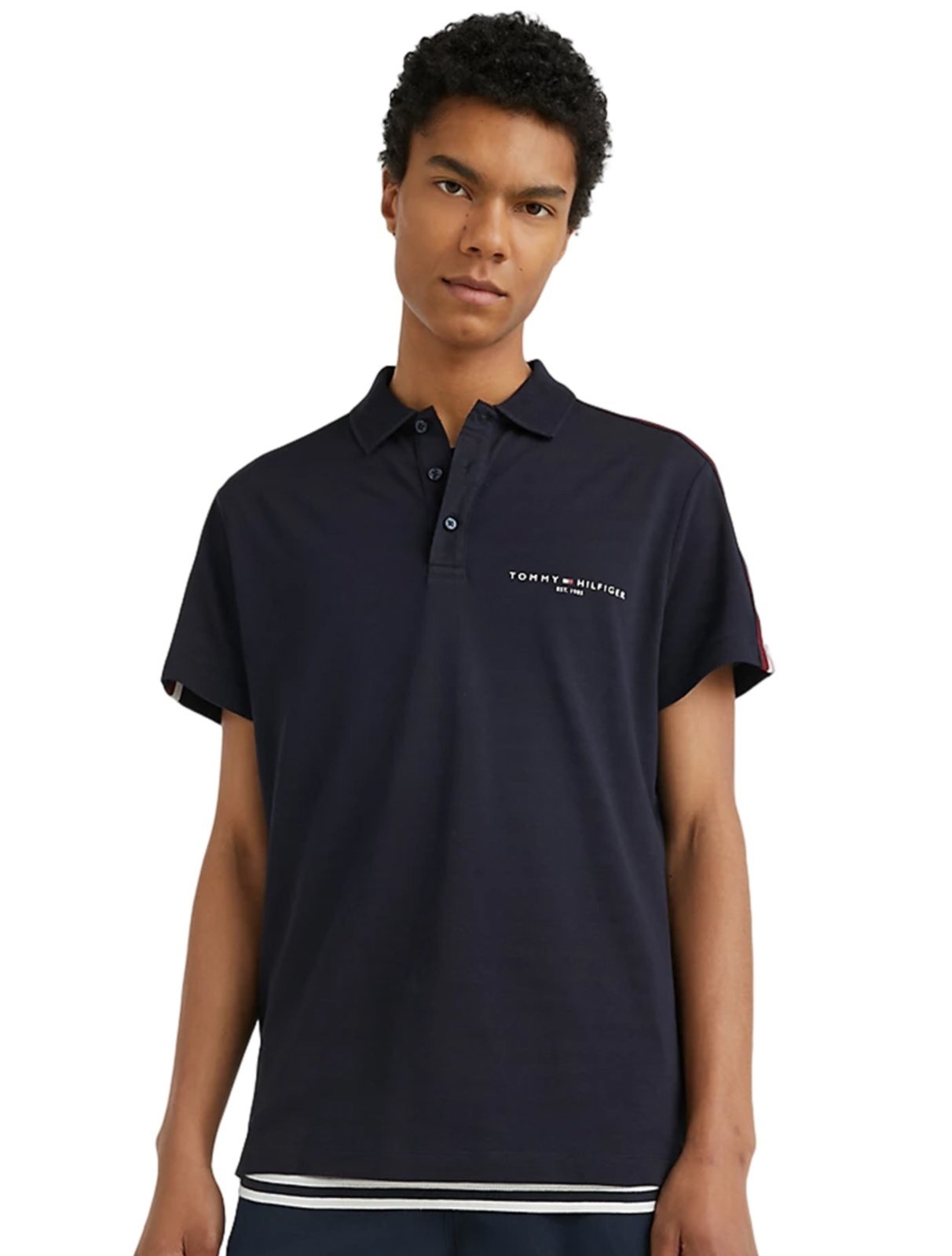 Polo Tommy Hilfiger Masculina Regular Global Stripe Shoulder Azul Marinho