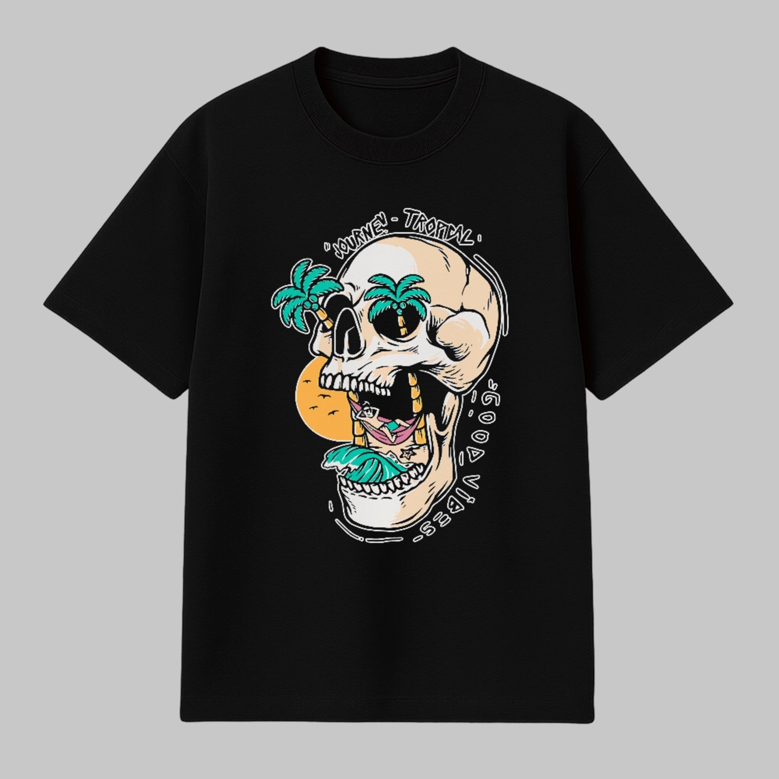 Camiseta Básica Caveira Tropical Praia Verão Streetwear Estilo Preto