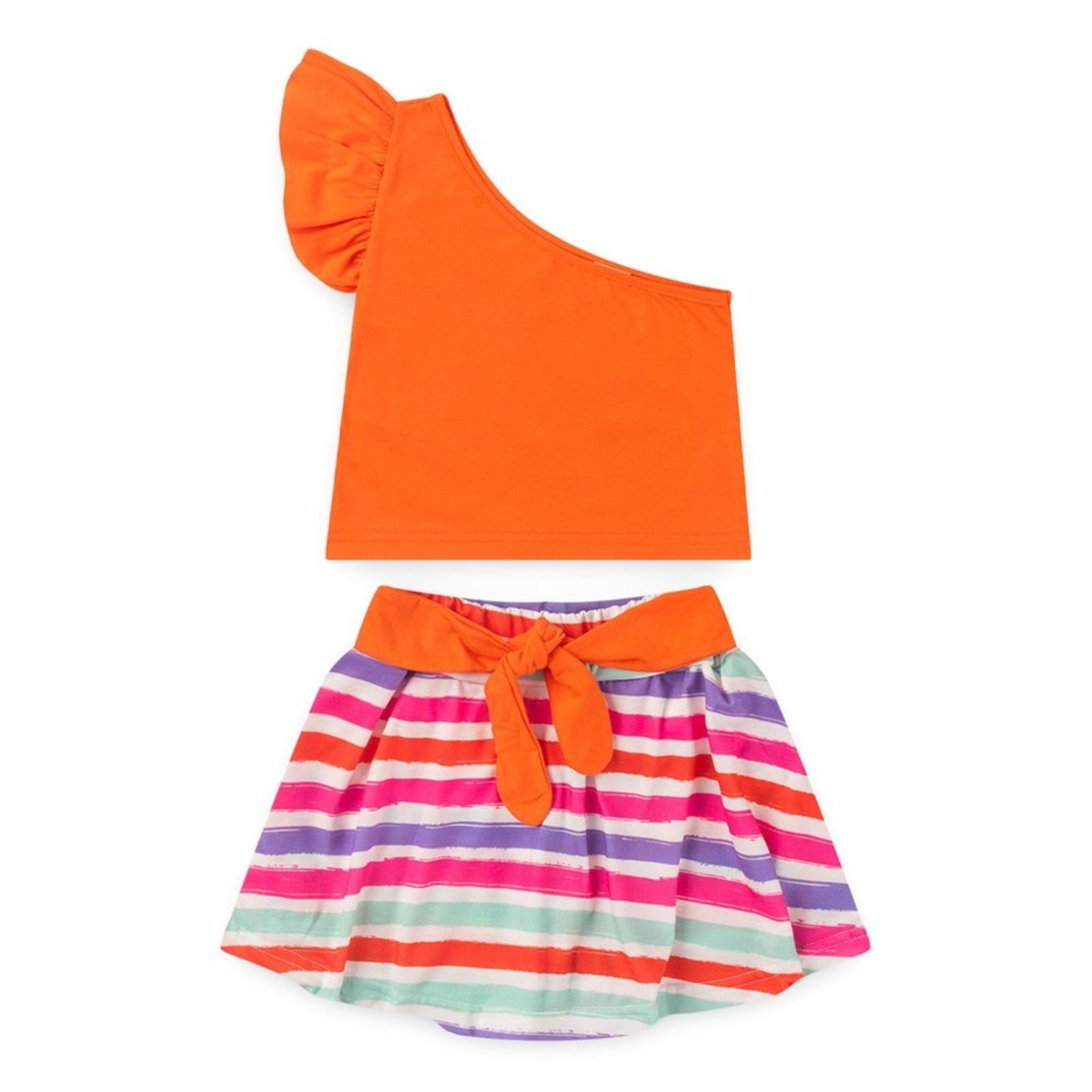 Vista 3 Infantil - Conjunto Verão Menina Vitamina Cropped Ombro Único E Saia Com Amarração Molekada laranja Molekada laranja