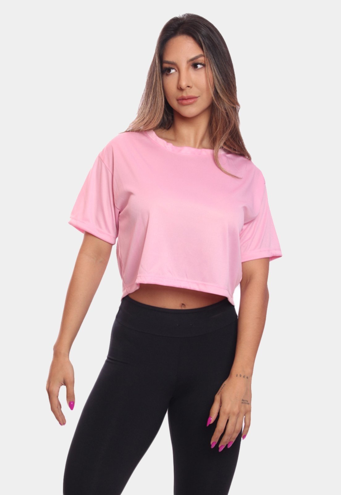 Vista 3 Kit 2 Cropped Manga Curta Feminino Dry Proteção UV Blusa Blusinha Academia Treino Rosa/Azul ADRIBEN preto rosa ADRIBEN preto rosa