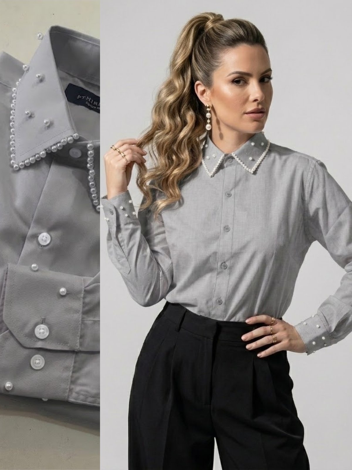 Camisa Social Cinza Feminina com Pérolas no Gola e Punhos Premium | Blusa de Luxo Manga Longa Elegante