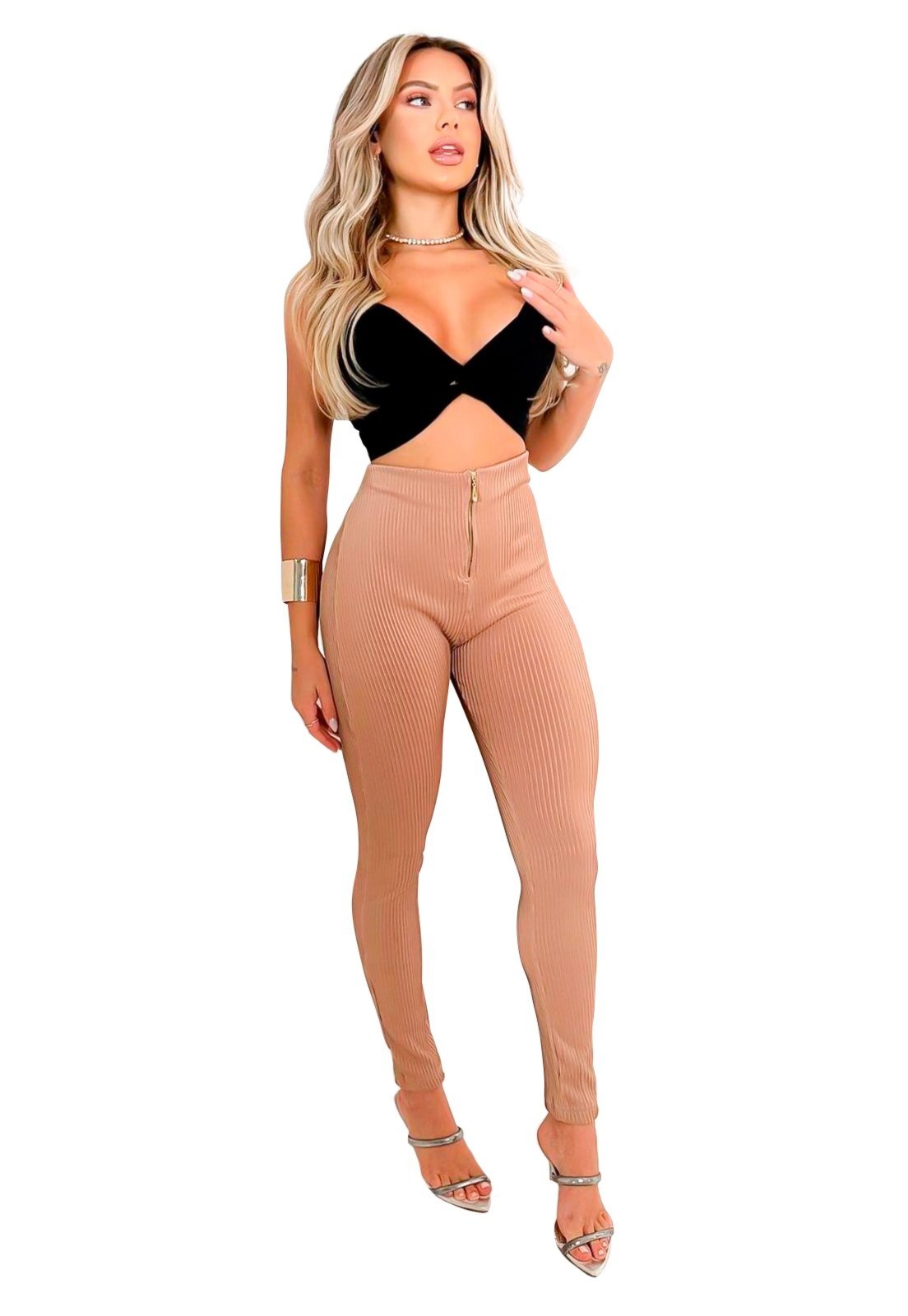 Vista 3 Calça Canelado YWC ind Premium 3D Cós Alto Detalhe Zíper nude YWC ind nude