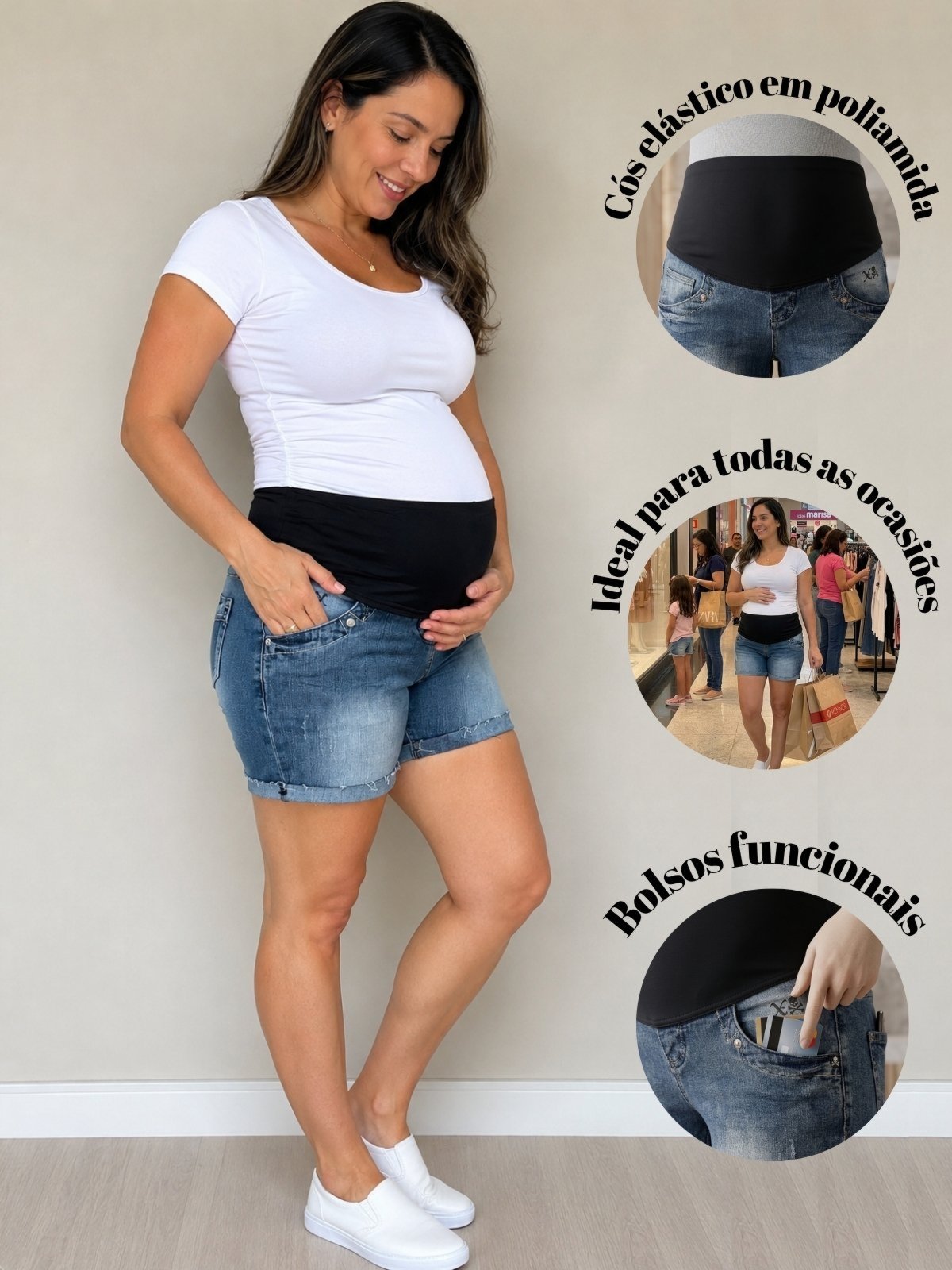 Shorts Jeans para Gestantes Pátria Brasil Cós em Elástico de Poliamida