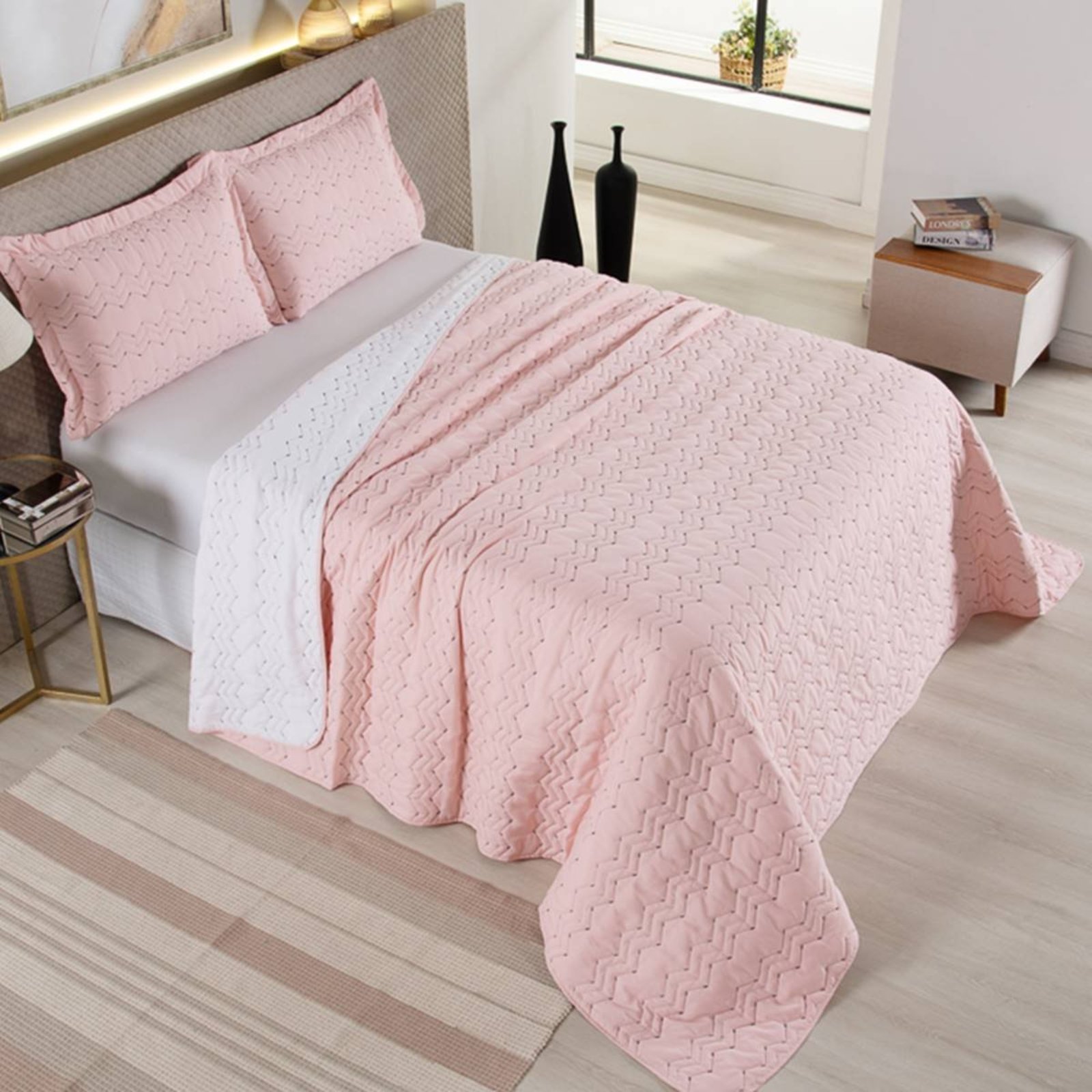 Cobre Leito King Casa Modelo Enxovais LuLu Bordado 200 Fios Rosa Dupla Face 3 Peças