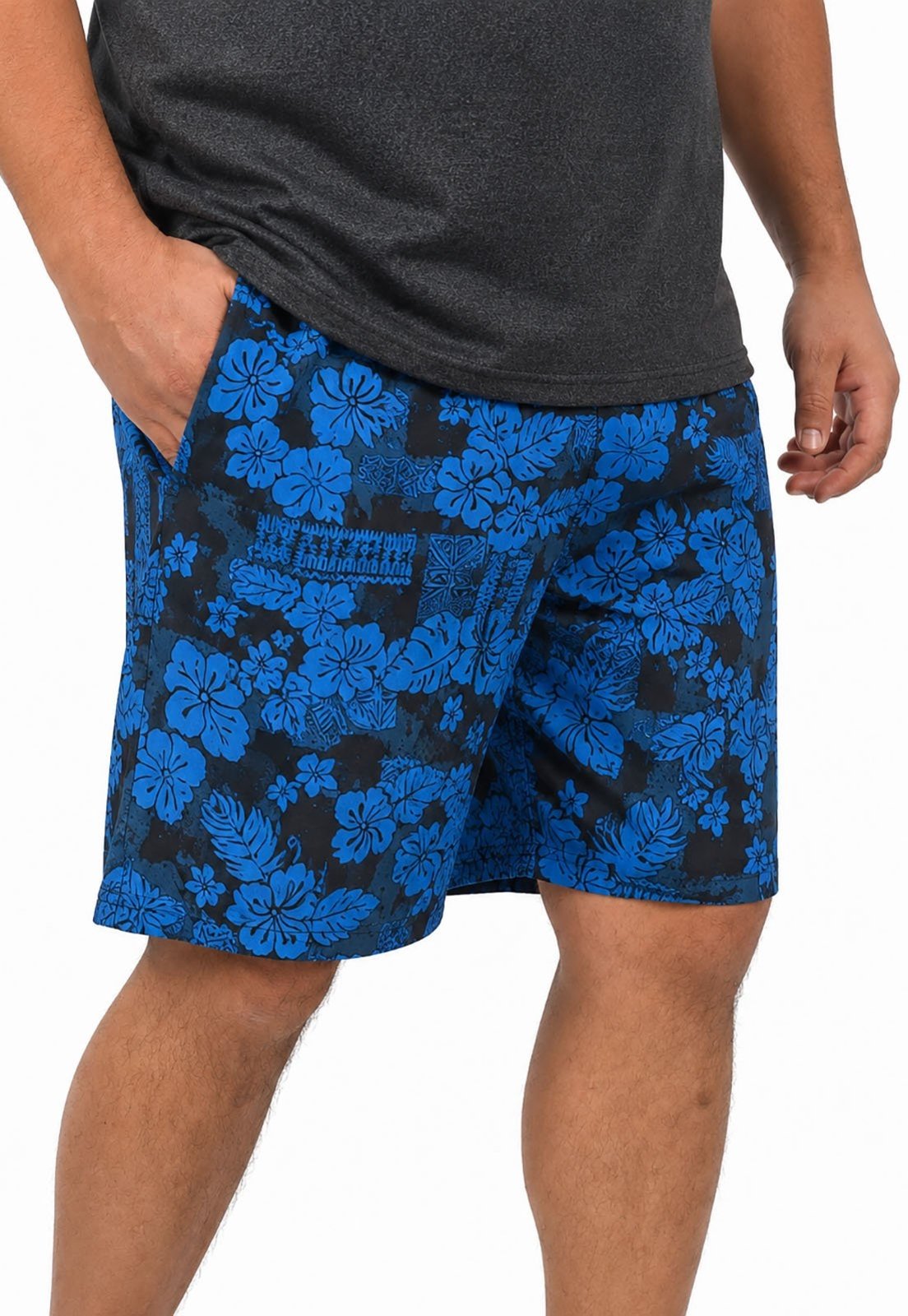 Shorts Masculina Plus Size Tactel Elastano Estampada Preto e Azul