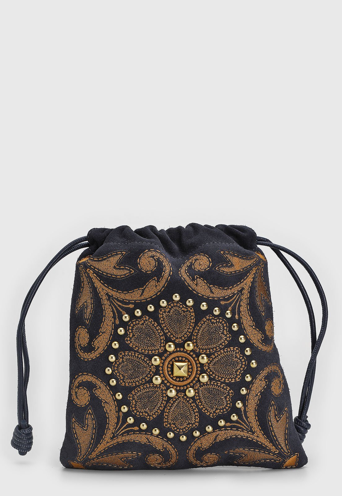Bolsa Média Luiza Barcelos Bordado Floral Dourado Azul-Marinho