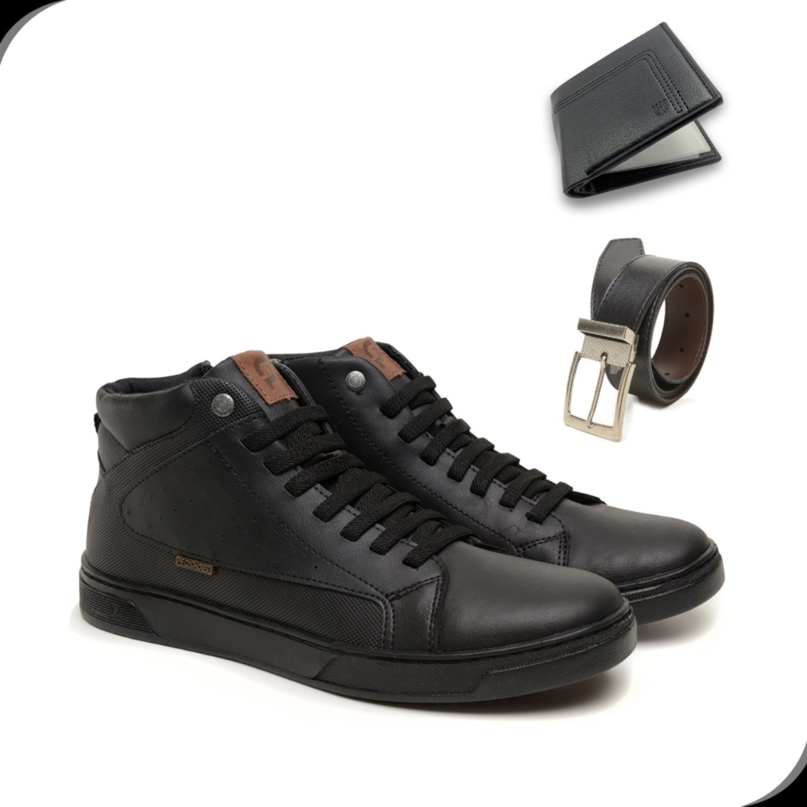 Sapatenis Masculino Rovetto Tenis Casual Cano Alto Preto Com Cinto Dupla face e Carteira