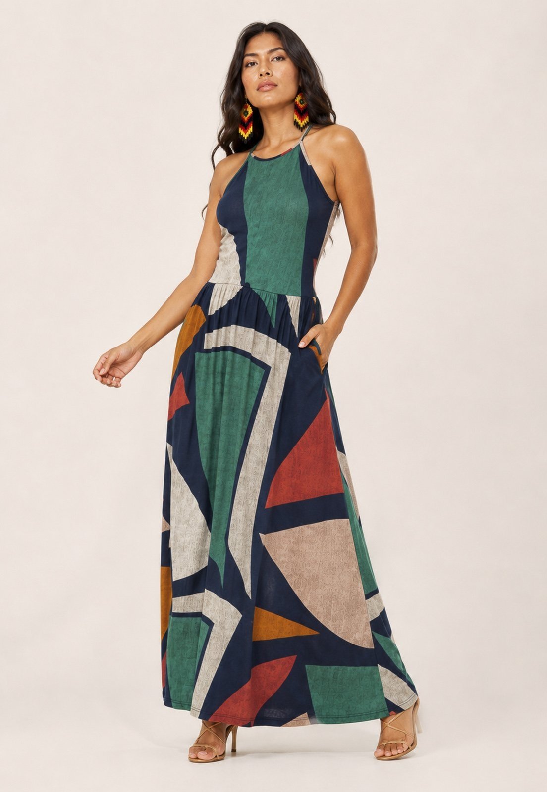 Vestido Amazônia Vital Longo Jennifer Malha Trapézio com Bolso Geometrias do Tempo