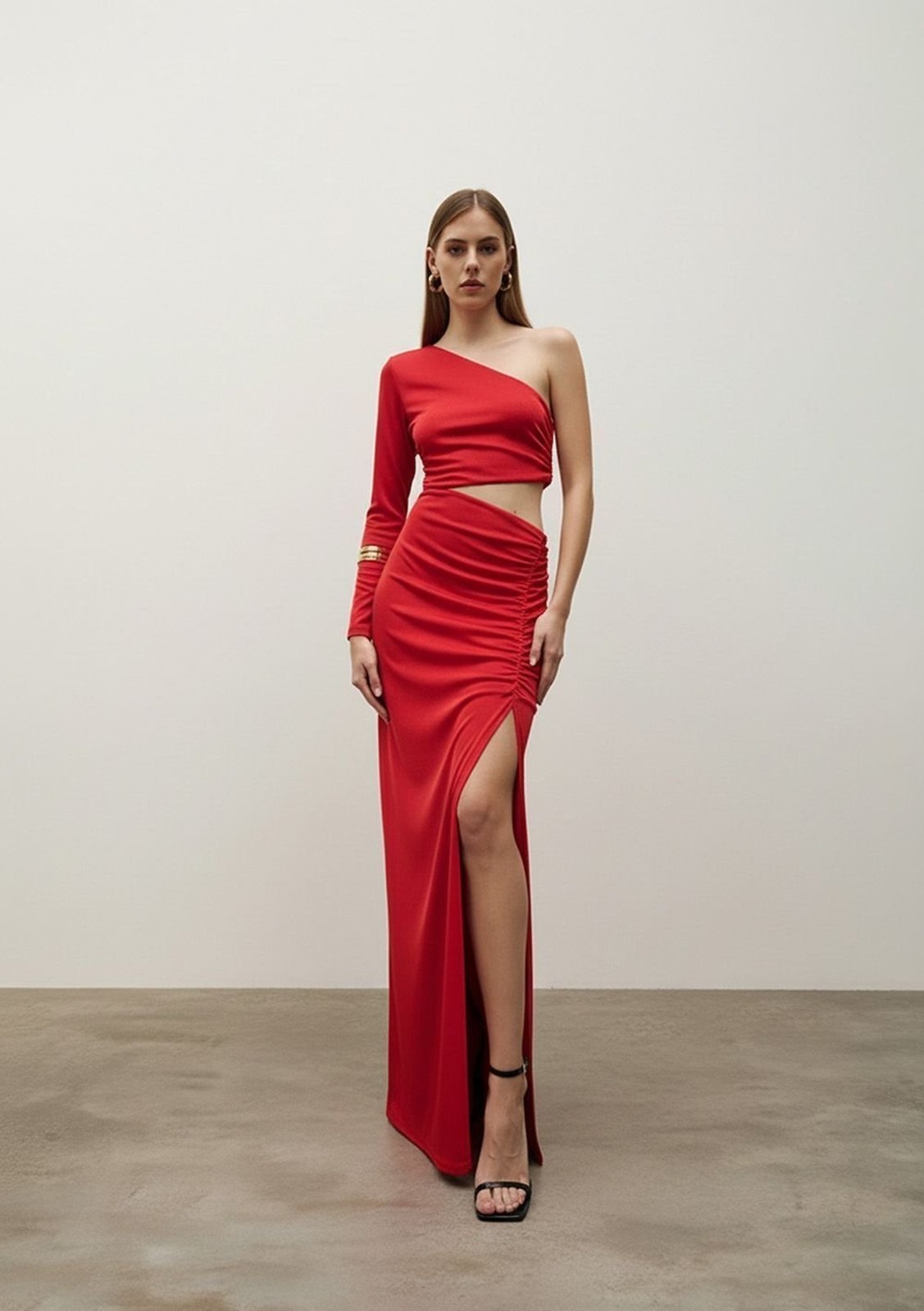 Vestido Iódice Ajustado Um Ombro Só Manga Longa Longo - Vermelho
