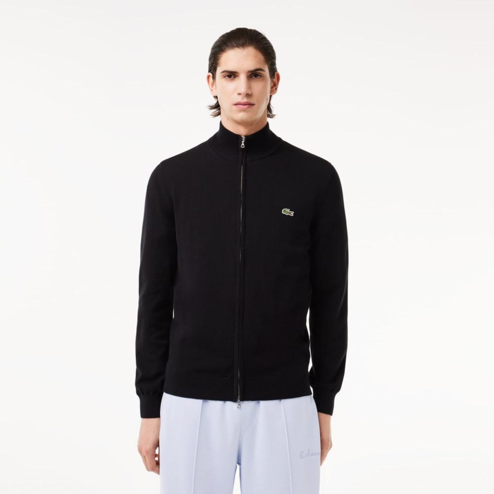 Suéter Lacoste masculino com Zíper e Gola Alta de Algodão Orgânico Preto
