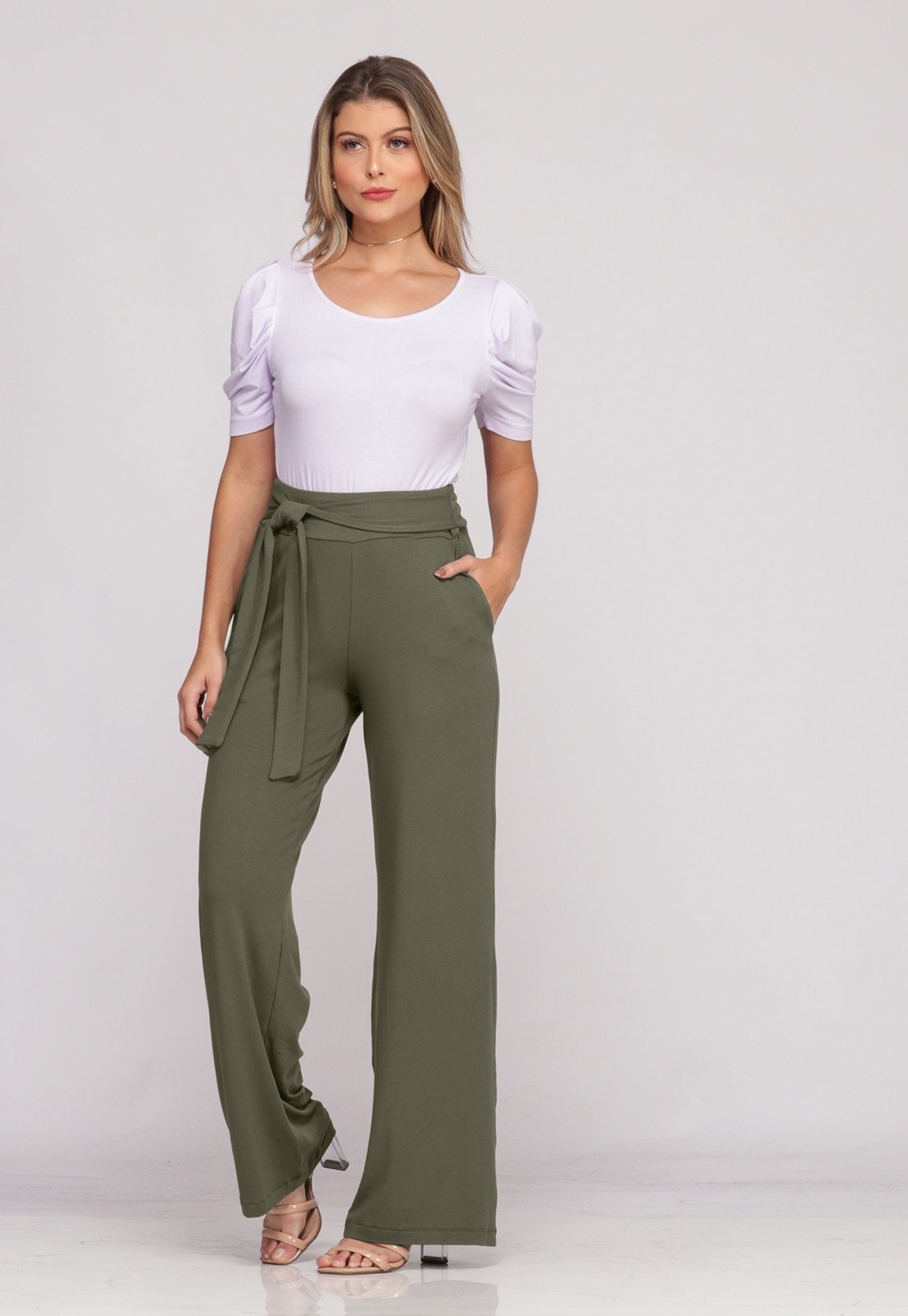 Vista 3 Calça Pantalona Cós largo Bolsos B’Bonnie Sheila BBonnie verde militar BBonnie verde militar