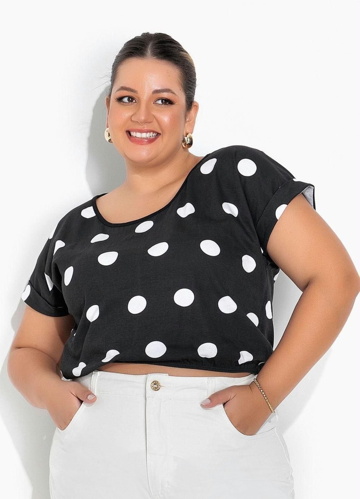 Vista 2 Blusa Com Elástico Na Barra Plus Size Poá Preta Marguerite preto Marguerite preto