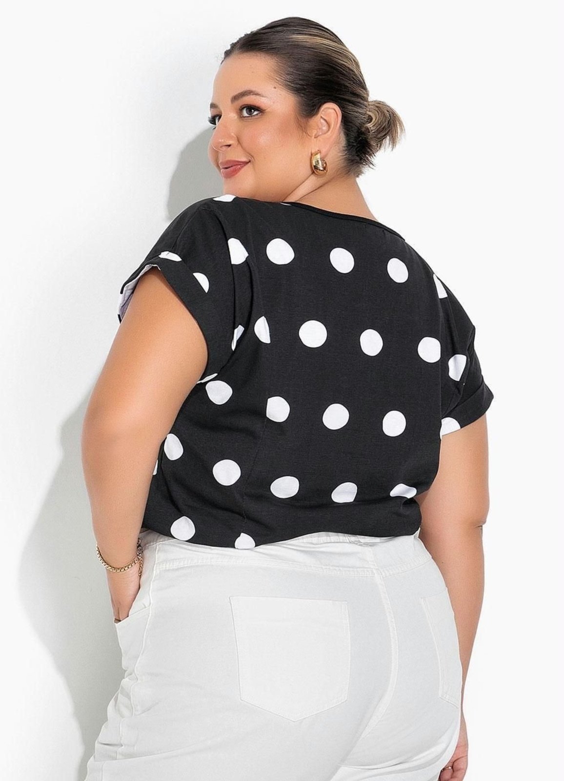 Vista 3 Blusa Com Elástico Na Barra Plus Size Poá Preta Marguerite preto Marguerite preto