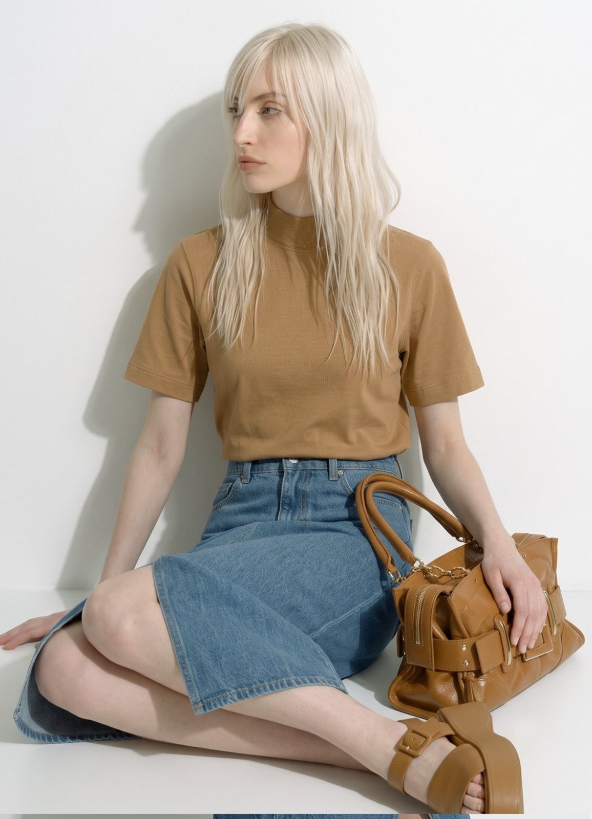 Blusa Bege Caramelo Manga Curta Gola Alta Algodão Premium Sob