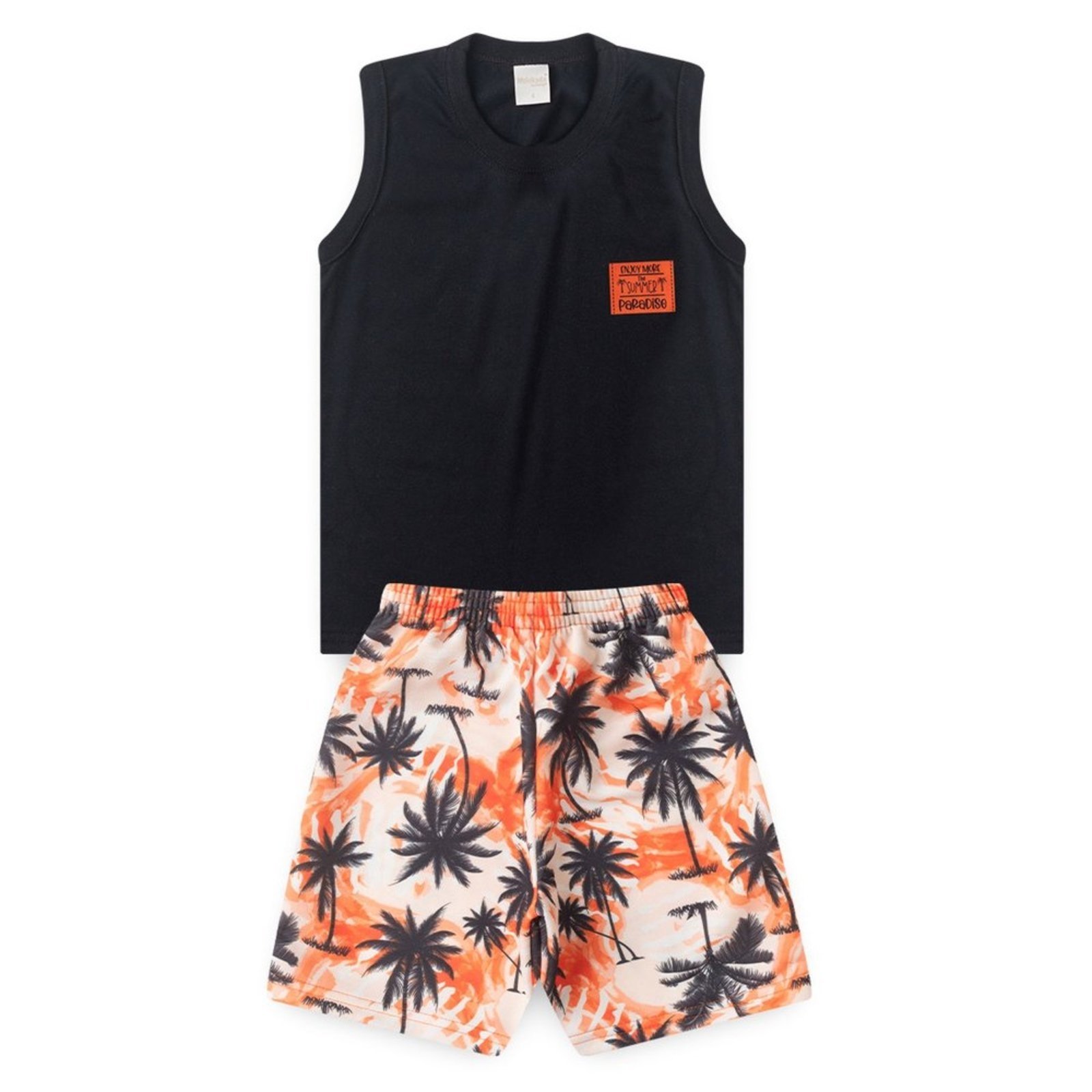 Vista 3 Infantil - Conjunto Verão Menino Regata com Aplique e Bermuda Coqueiros Molekada preto Molekada preto