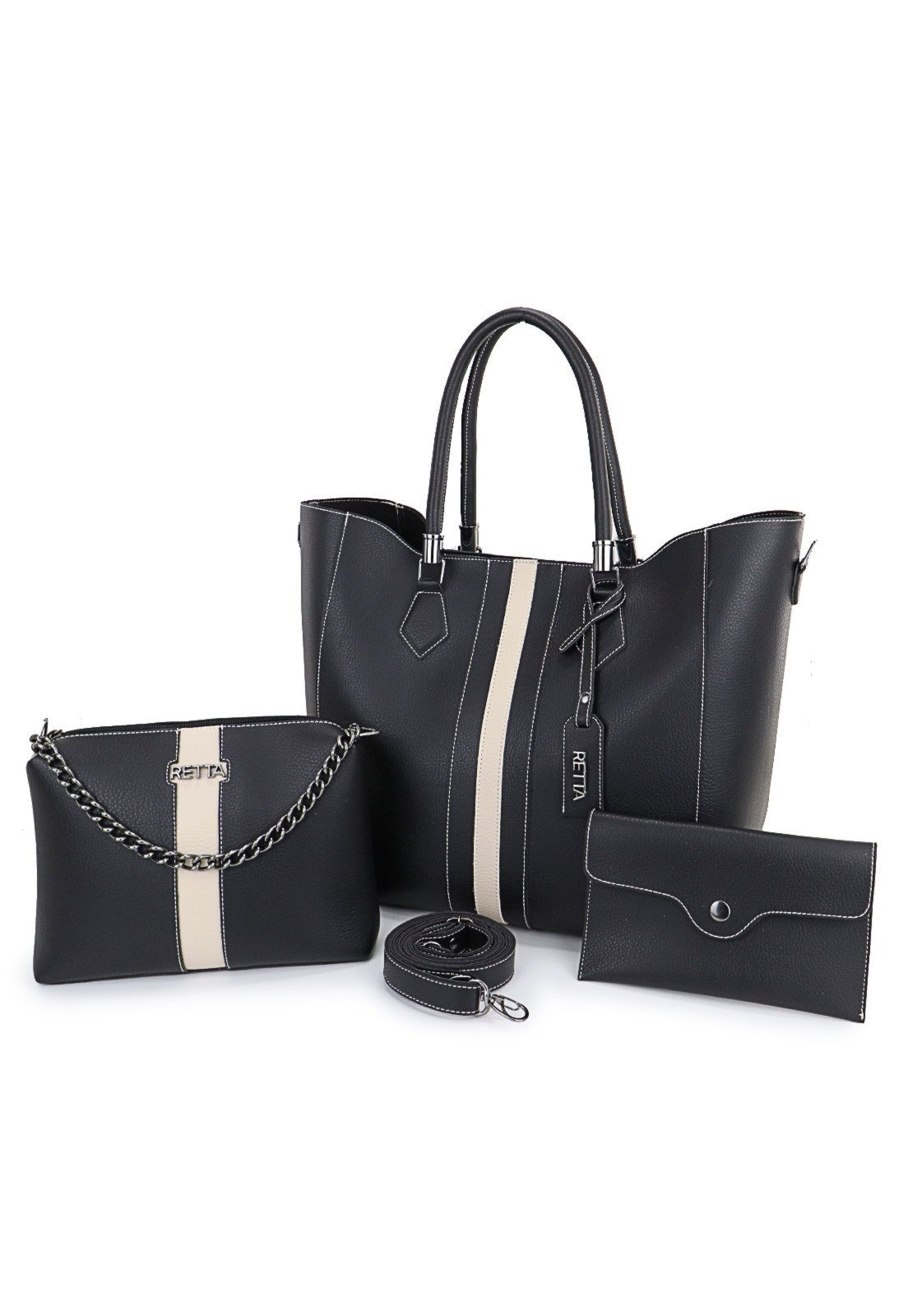 Kit Bolsa Feminina Sacola Transversal e Necesserie Retta Oficial Preto