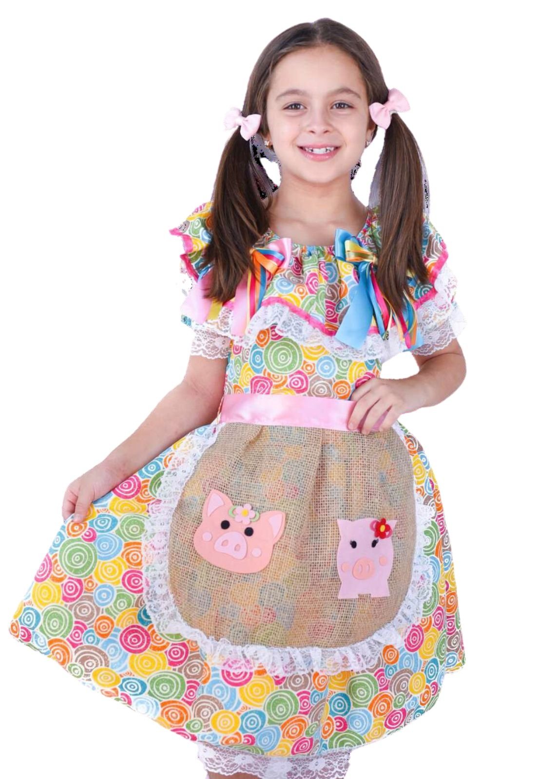 Vista 2 Infantil - Vestido Caipira Colorido Porquinho Muvilê Muvile Fantasias unico