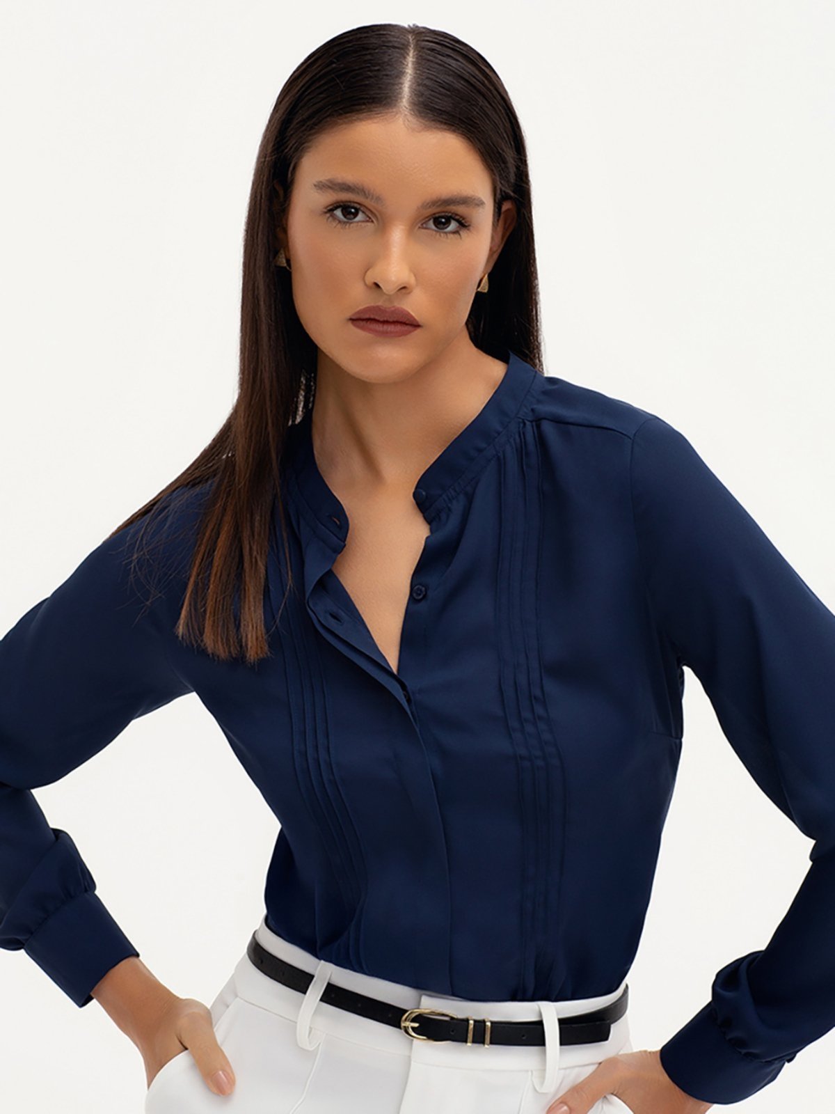Camisa Principessa de Crepe com Pregas Frontais Marinho Valéria