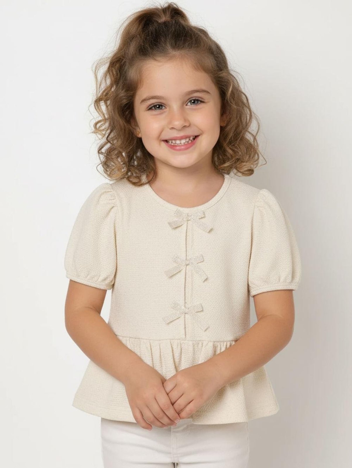 Infantil - Blusa Malha Laços Para Menina - NATURAL