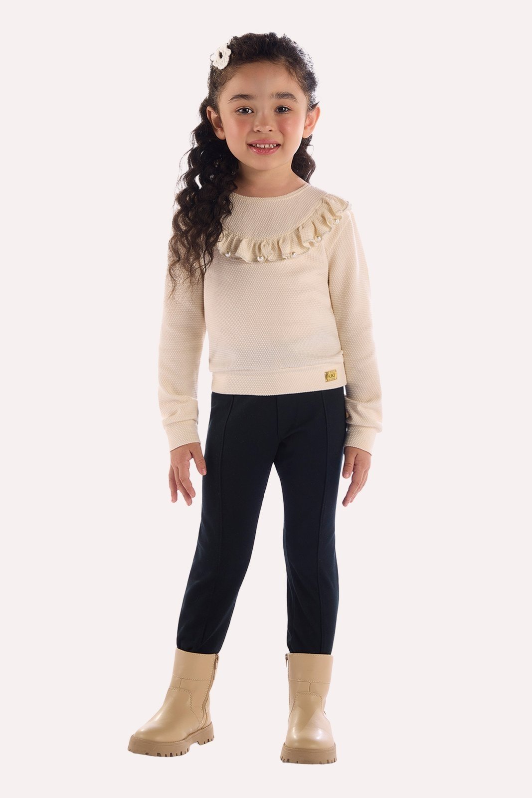 Infantil - Blusa Off Manga Longa com Babado e Pérolas