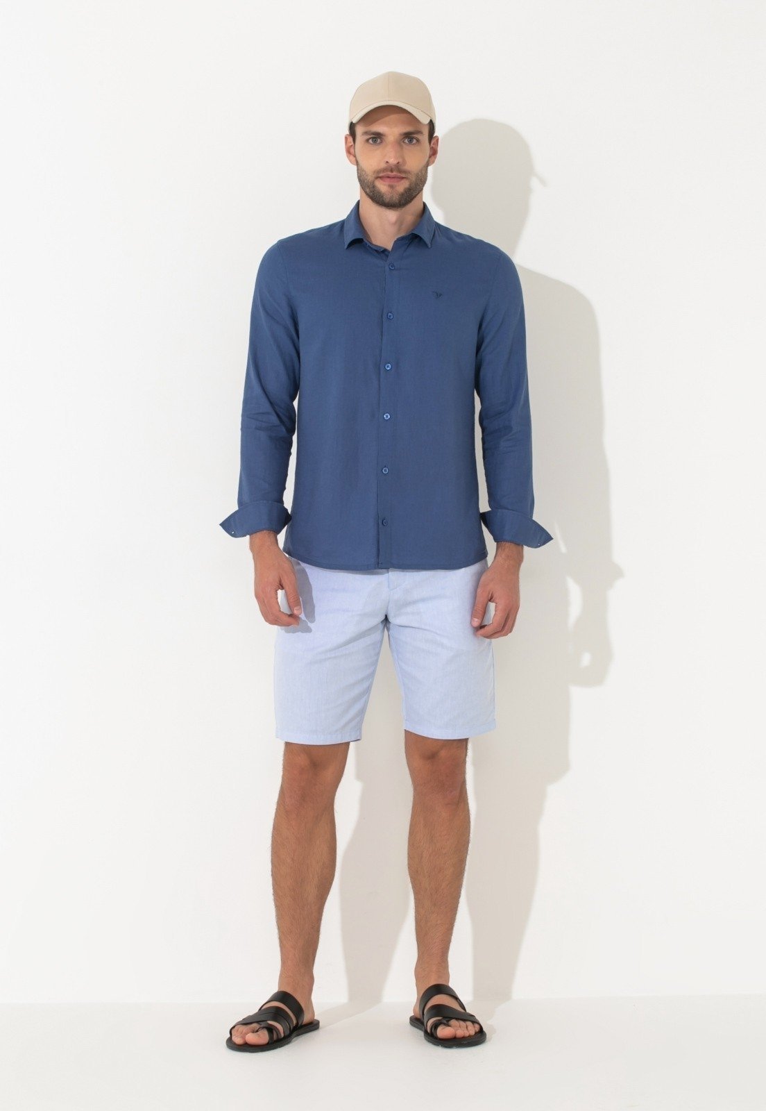 Camisa Linho Traymon Slim Manga Longa Azul Indigo