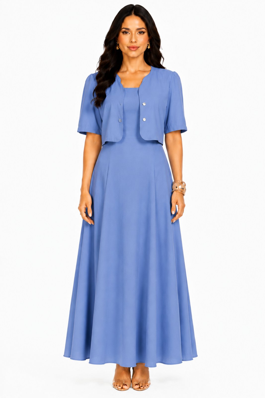 Conjunto Duas Peças Vestido Longo e Bolero D Bell Outlet Fashion Azul
