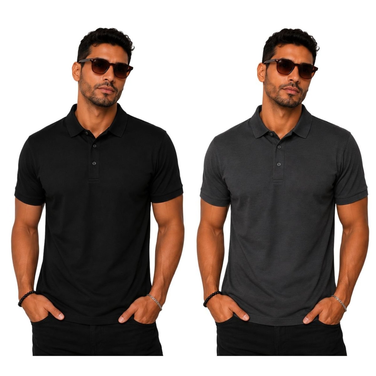 Kit 2 Camisas Polo Masculina Poliamida Premium Preto e Chumbo