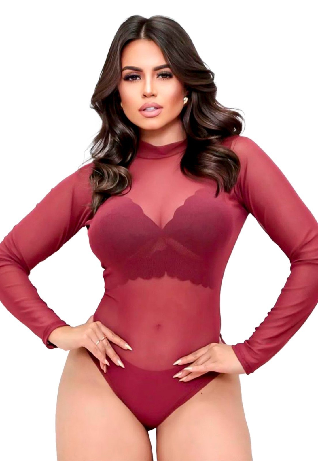 Body Tule Ywc ind Transparencia Manga Longa Com Fecho Vinho