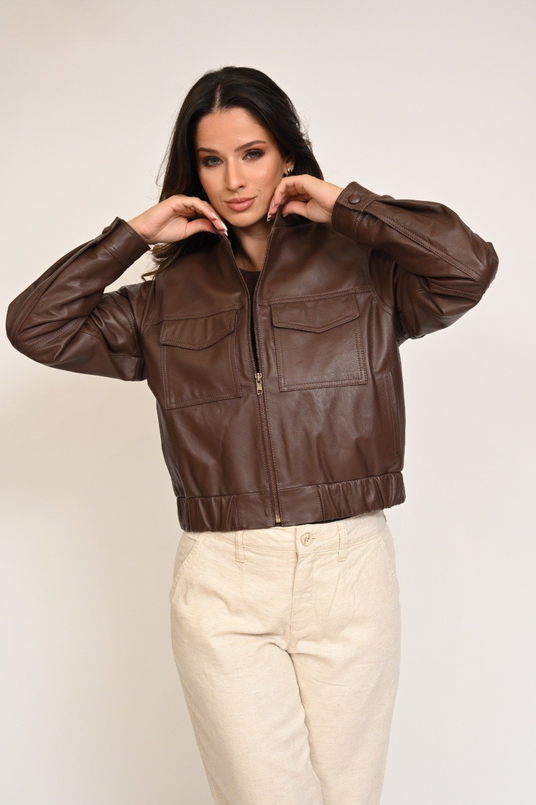 Jaqueta de Couro Pelica Capri Marrom