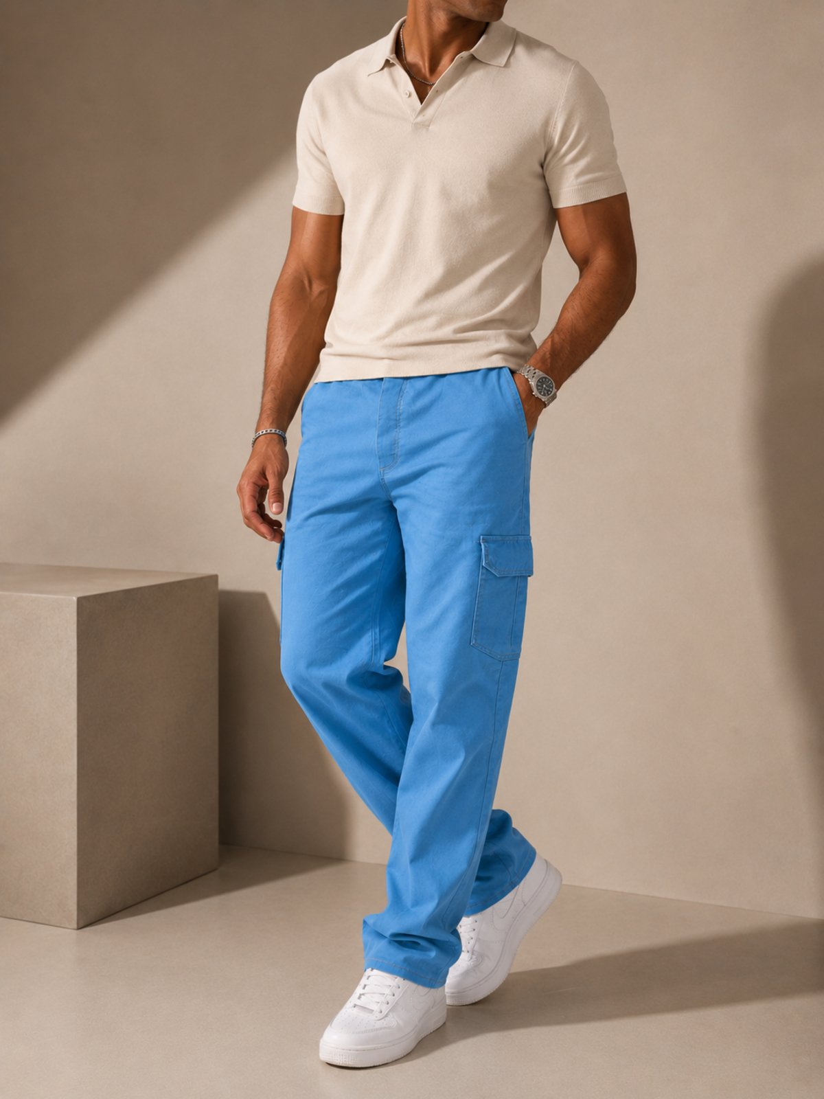 Calça Cargo Masculina Purple Jeans Azul Premium Wide Leg Confortável Estilo Urbano Sofisticado