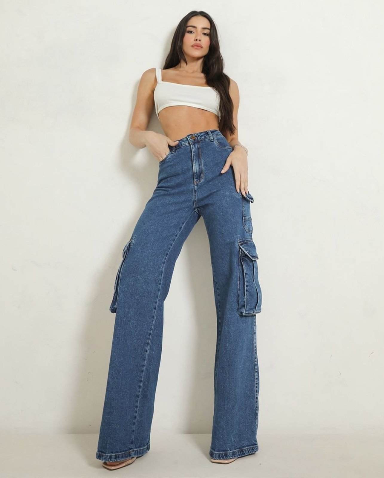 Calça Jeans Wide Leg Feminina Cargo 24952 Sky Escuro Consciência