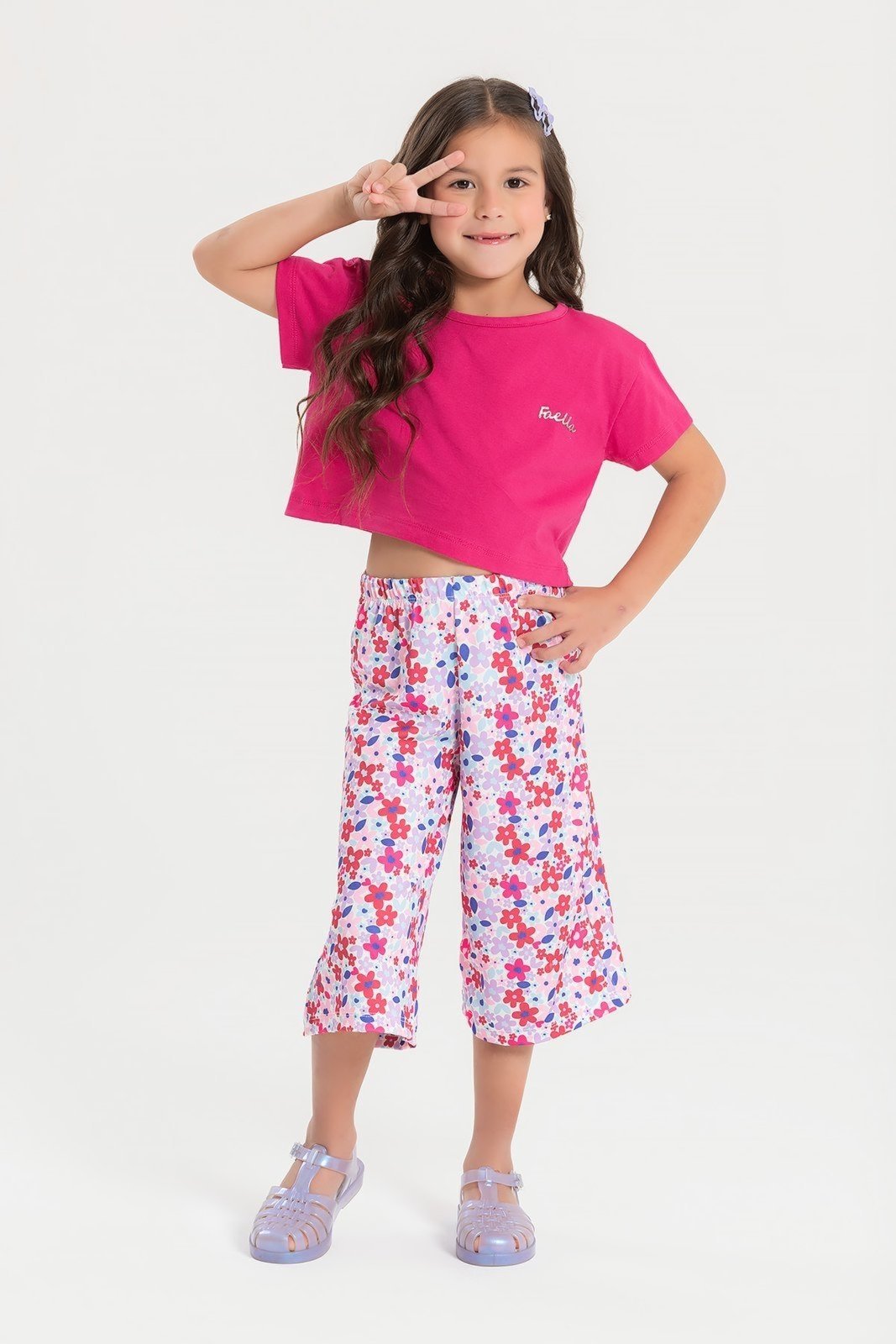 Infantil – Conjunto Verão Feminino Pantalona Faella Florido – Pink