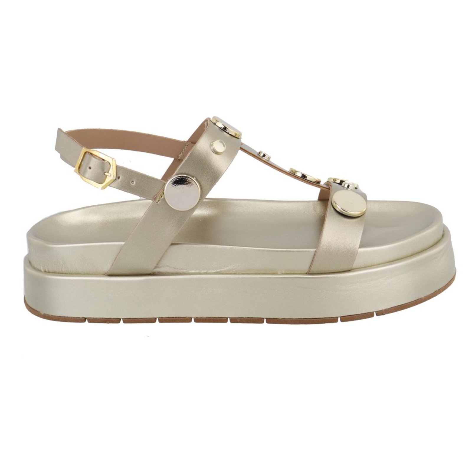 Sandália Flatform Amarena Dourado Fivela Regulável Detalhe Metais Moedas