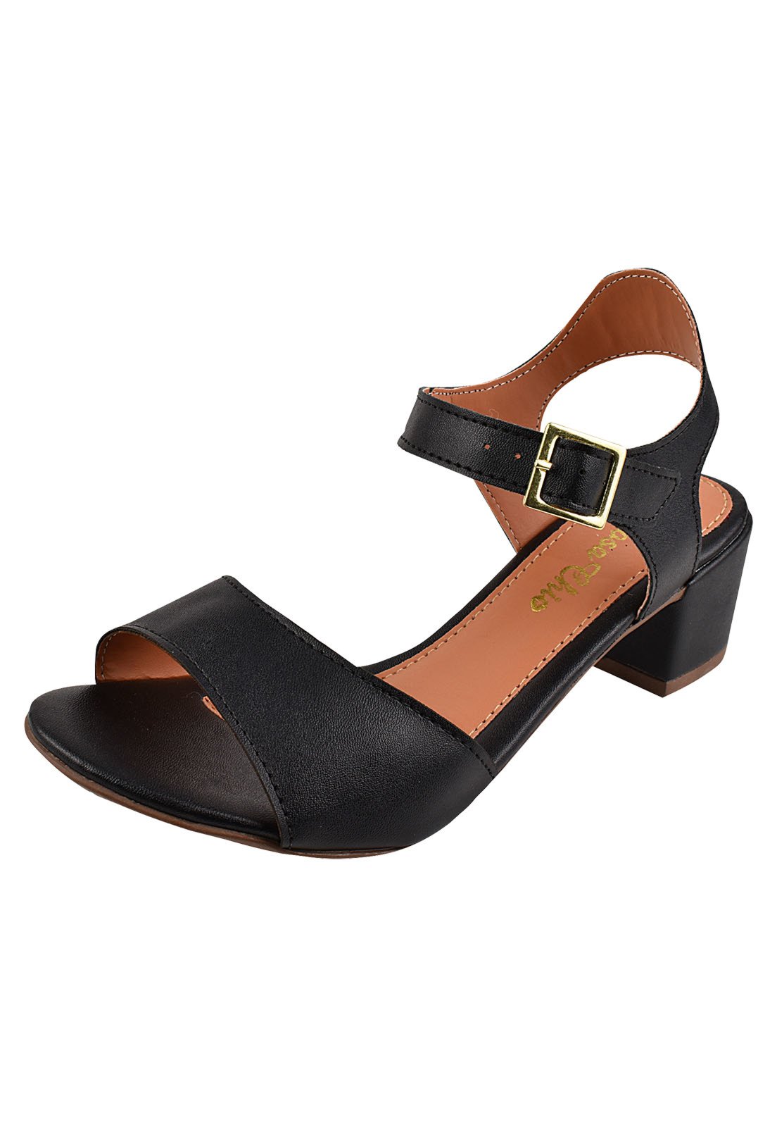 Sandália Salto Grosso Rosa Chic Calçados Salto Baixo 4 cm Bloco Preto