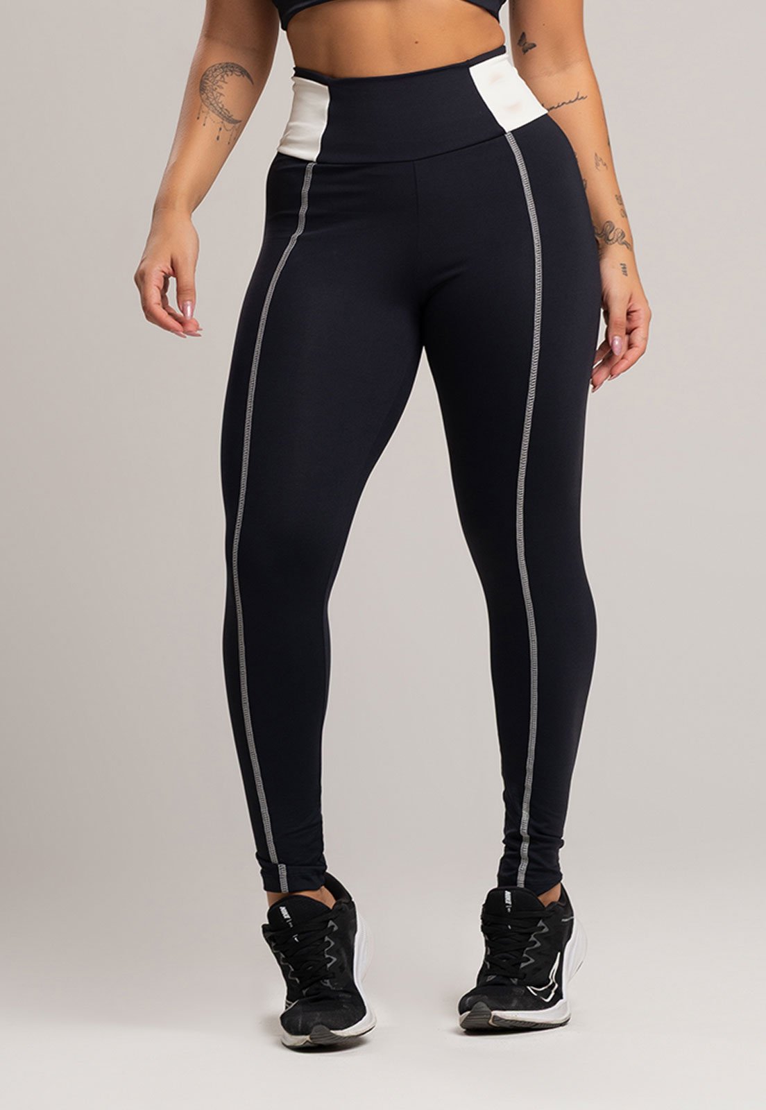 Calça Legging MVB Modas Cós Off White Cintura Alta Feminina Poliamida Preto