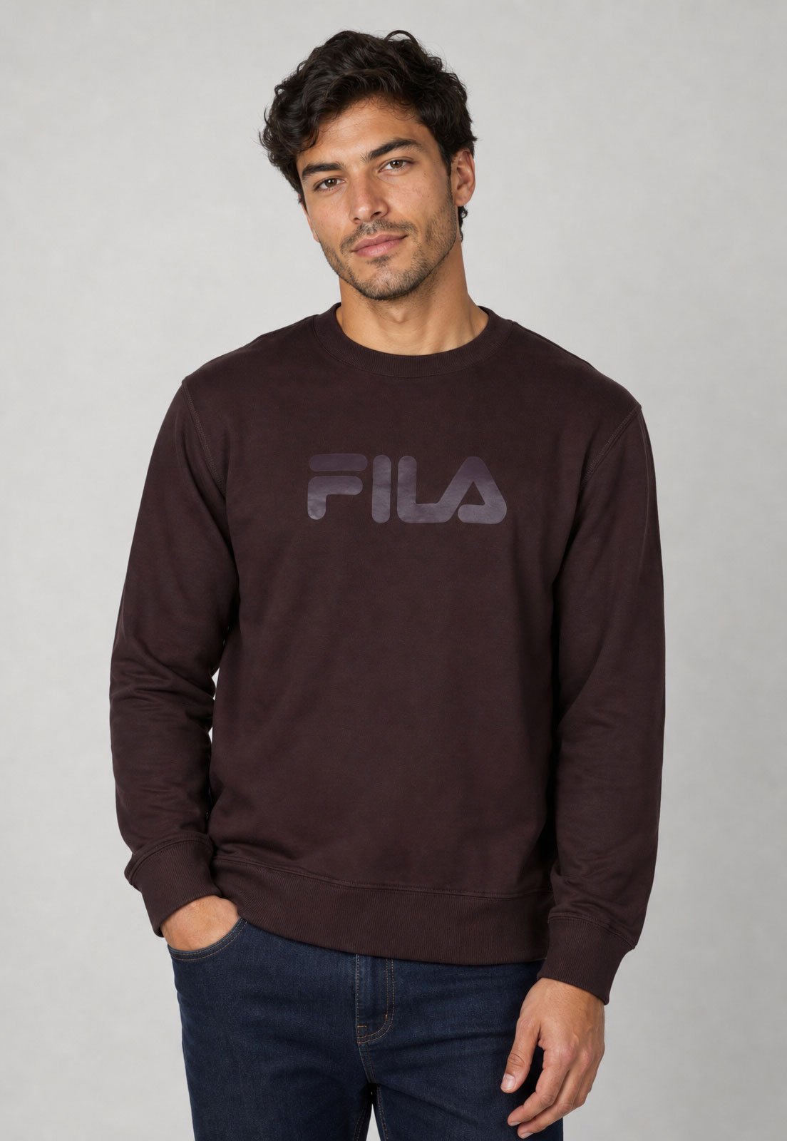 Blusa de Moletom Masculina Fila Logo Frontal Marrom