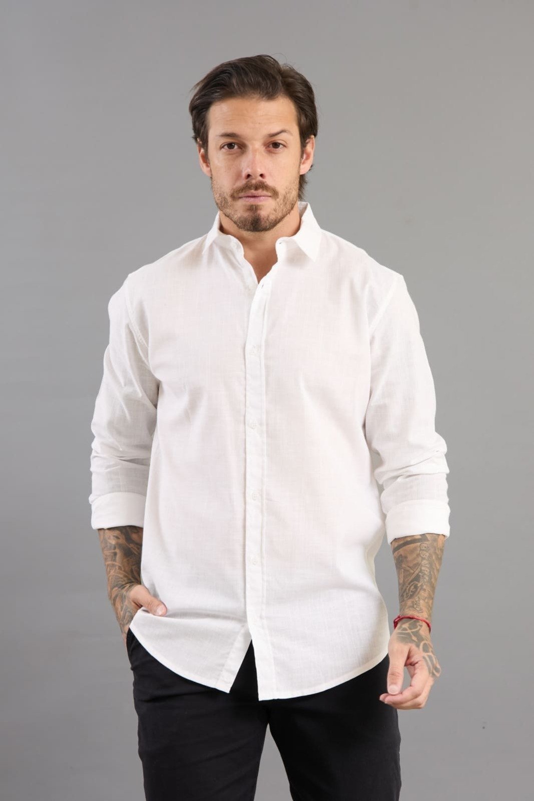 Camisa Social Masculina Manga Longa Diálogo Jeans Branco