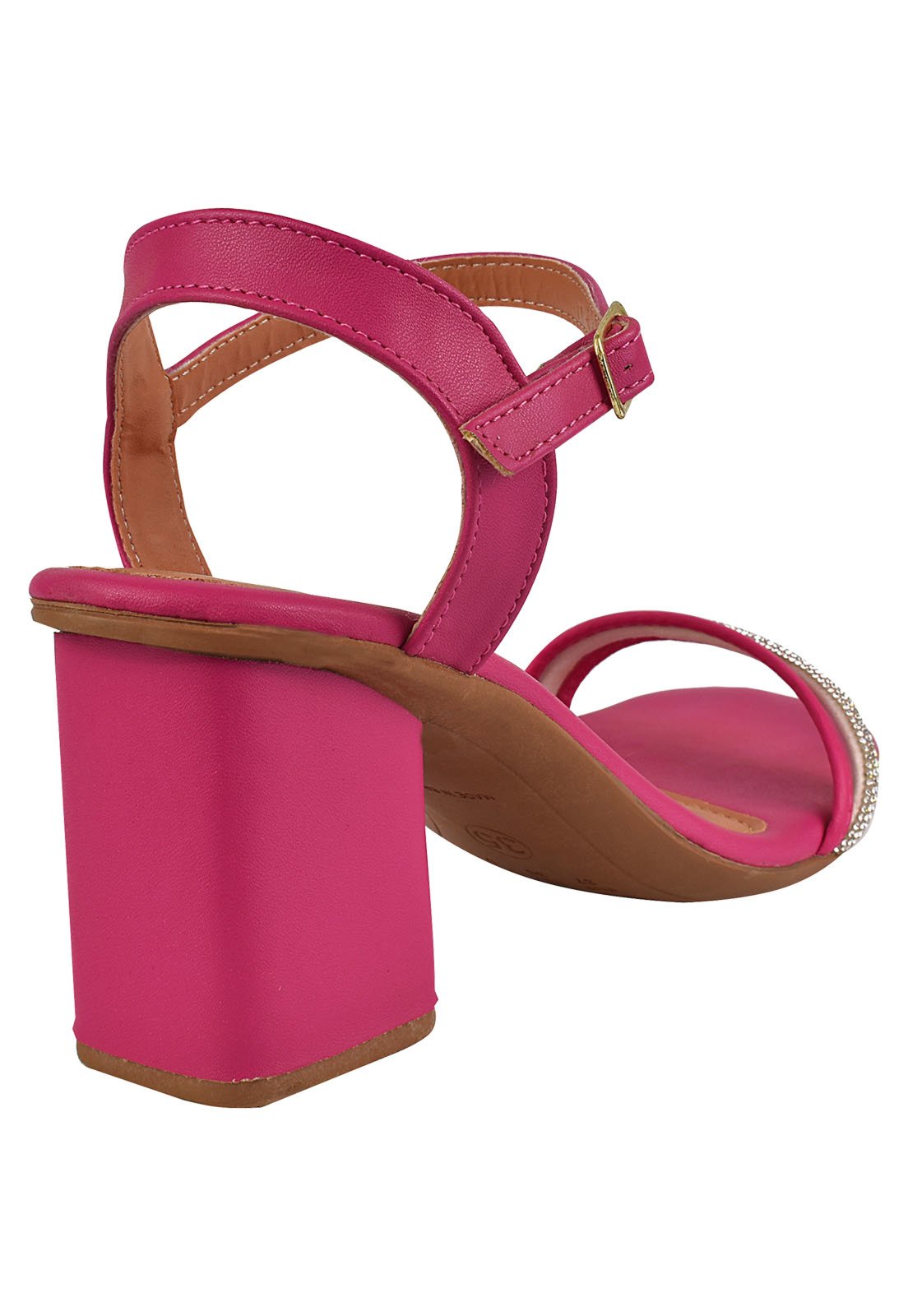 Sandália Salto Grosso Rosa Chic Calçados Feminino Salto Baixo Bloco Brilho Strass Bico Quadrado Pink