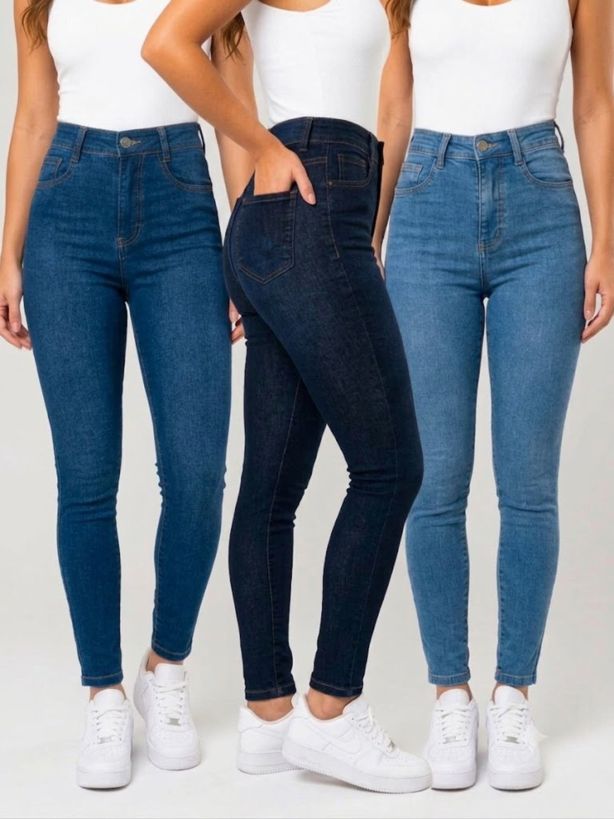 Kit 3 Calças Jeans Feminina Skinny Yellow Jeans Azul Claro Azul Médio e Azul Escuro Cintura Alta