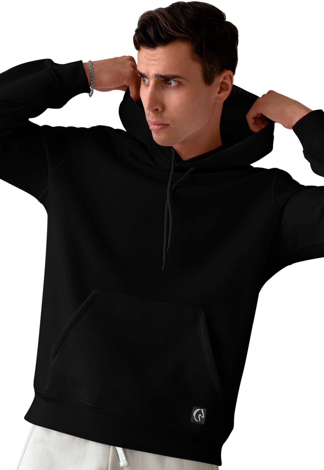 Blusa De Frio Masculina W2 Moletom Liso Com Capuz e Bolso Canguru Felpado Preto