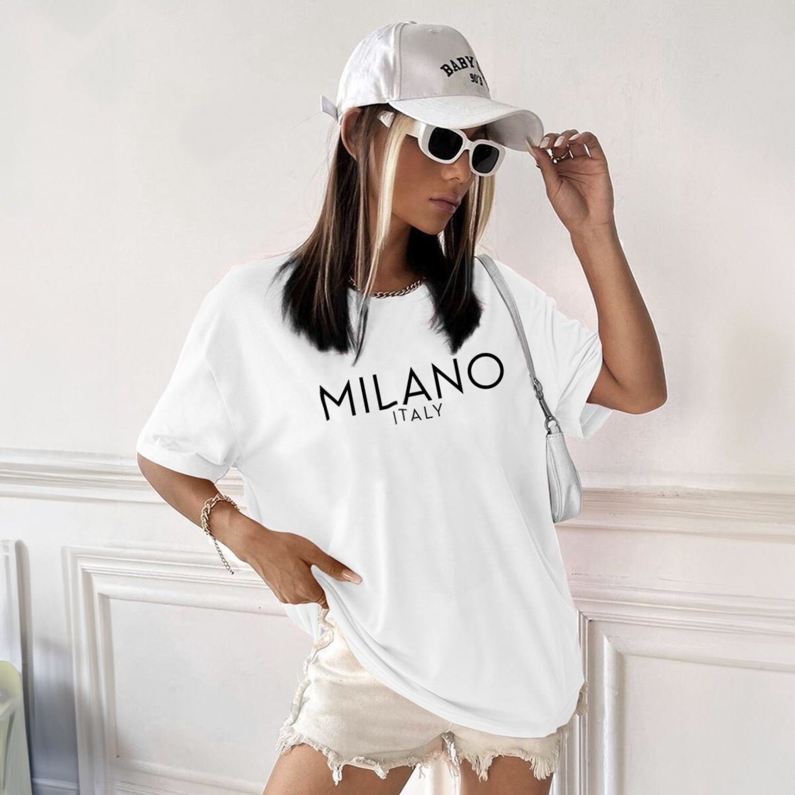 Vista 3 Camisa Camiseta Feminina Estampada Milano Italy 100% Algodão Fio 30.1 Penteado Genuine branco Genuine branco