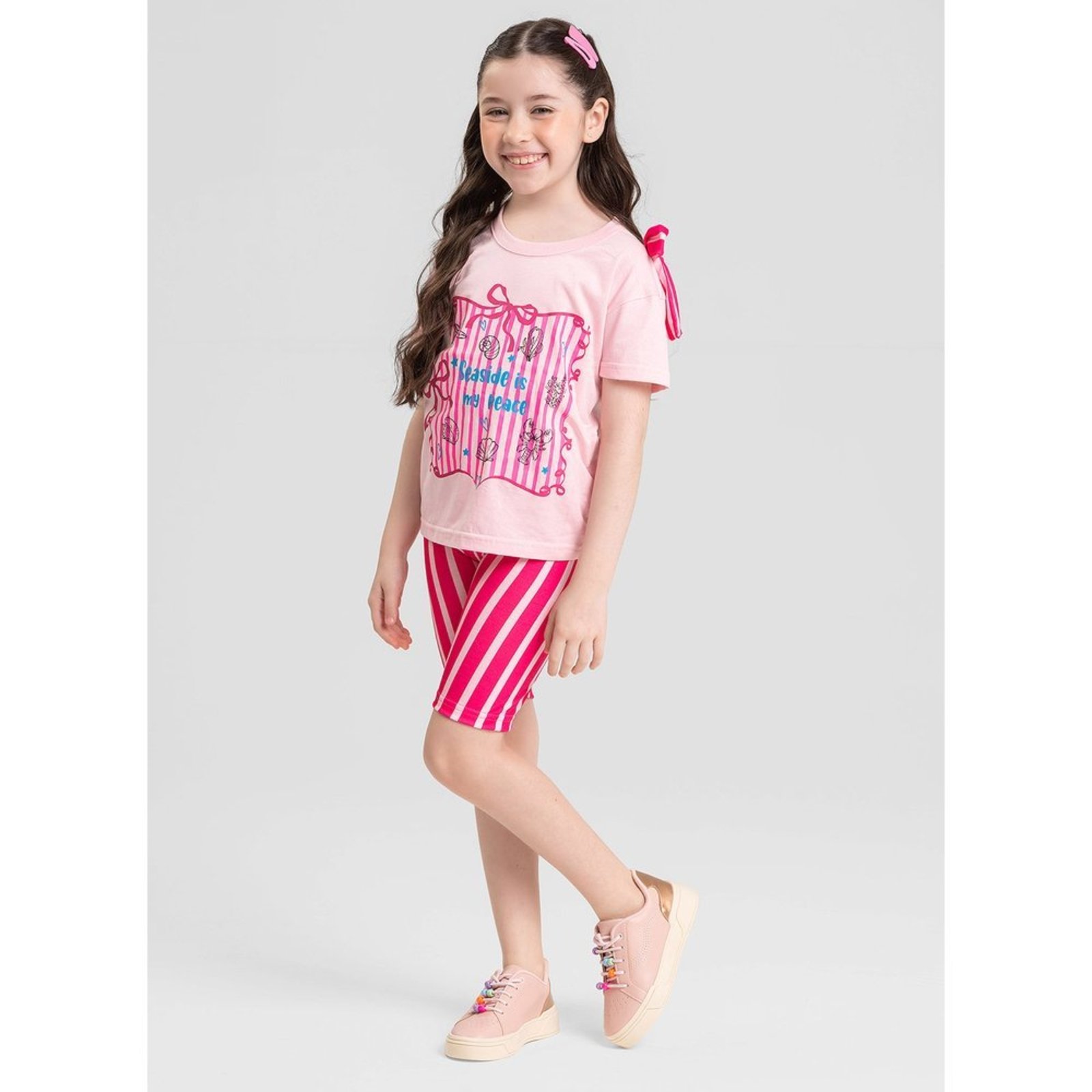 Infantil - Conjunto Verão Menina Rosa T-shirt com Laço e Shorts Ciclista Listras