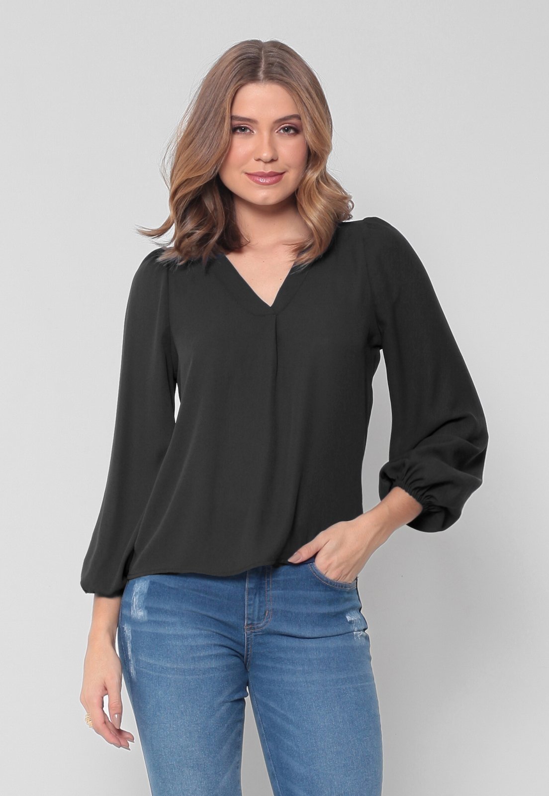 Blusa Intens Manga Longa Crepe Preto
