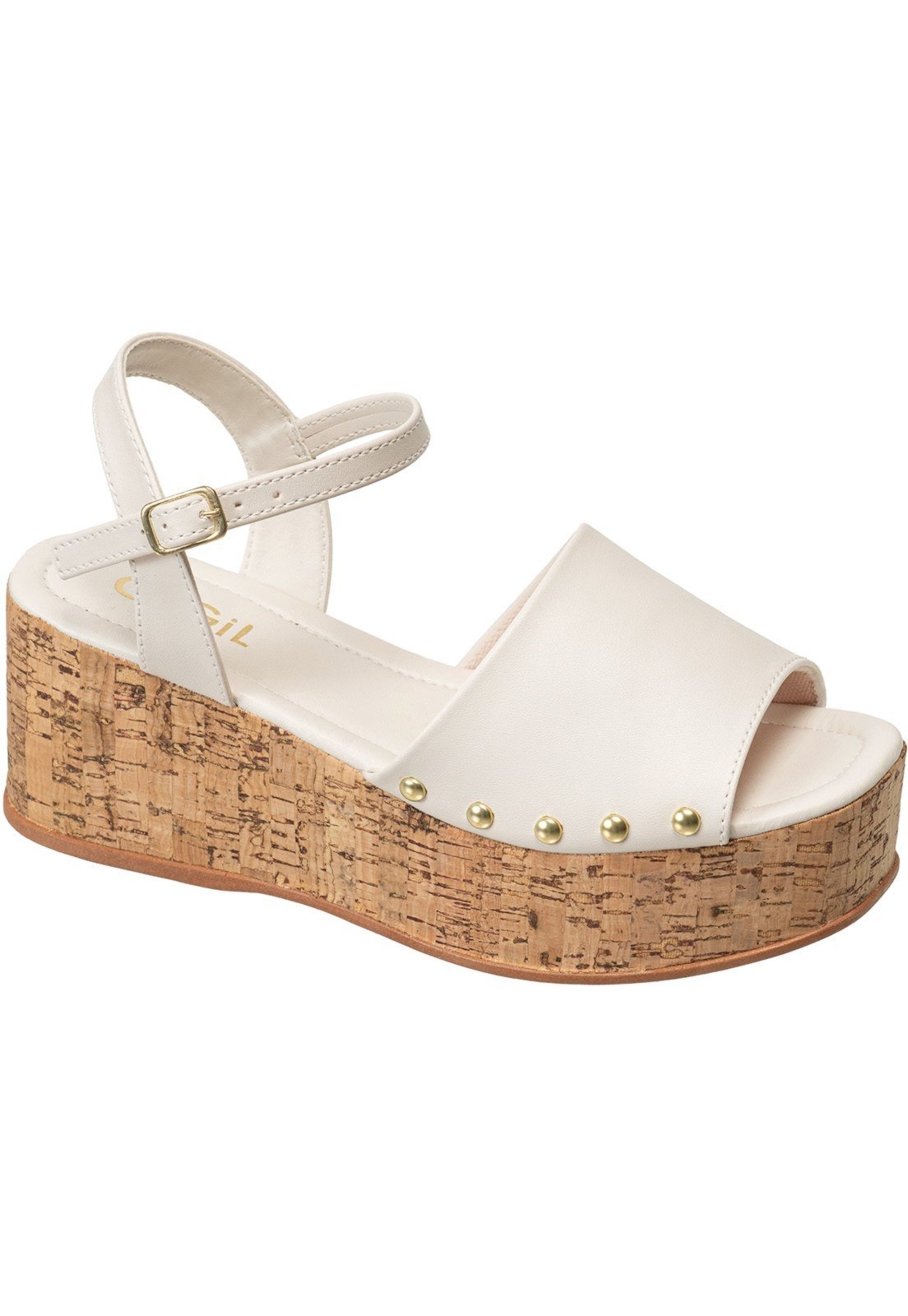 Sandália Feminina GiGiL Plataforma Anabela Flatform Salto Alto Tira Larga Tachas Laterais Off White