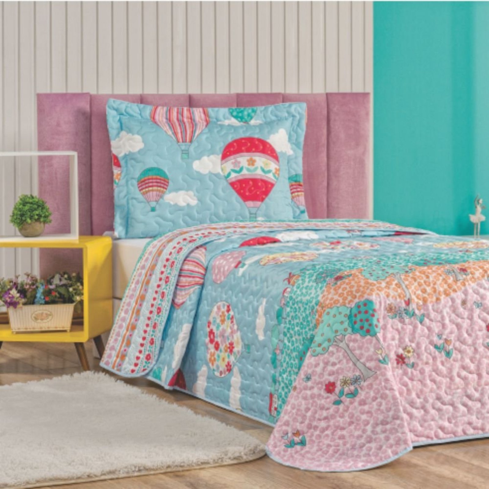 Colcha Quarto Menina Balão Matelada -Rosa - 100% Poliéster