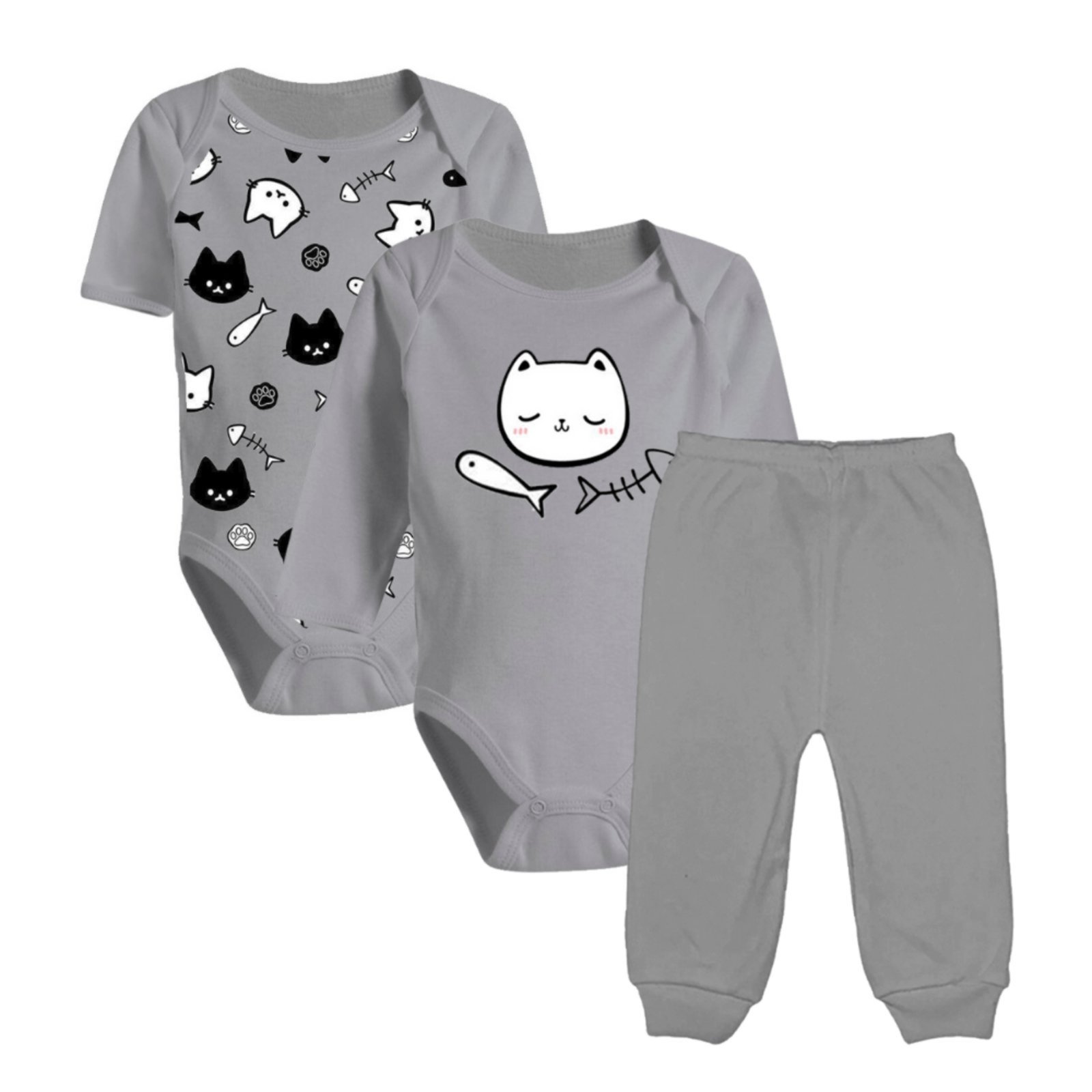 Infantil - Kit 3 Peças Body Estampado e Mijão Malha Cores Reativas Cinza