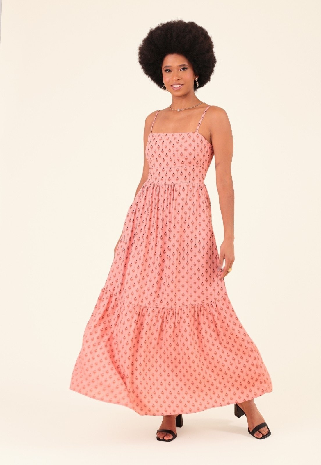 Vista 2 Vestido Midi Em Viscose Étnico Folk Alça Bolso Pop Me rosa Pop Me rosa