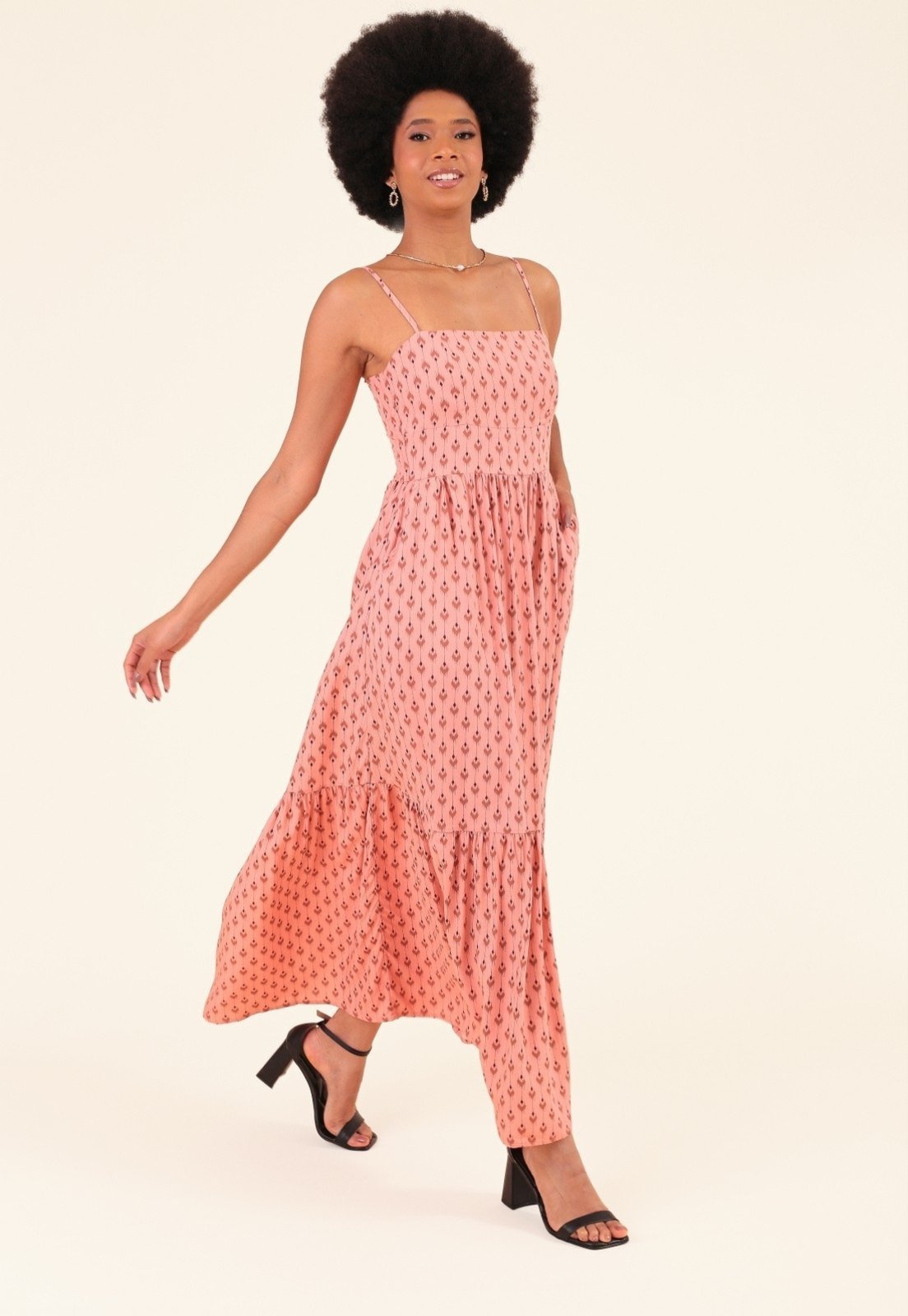 Vista 3 Vestido Midi Em Viscose Étnico Folk Alça Bolso Pop Me rosa Pop Me rosa