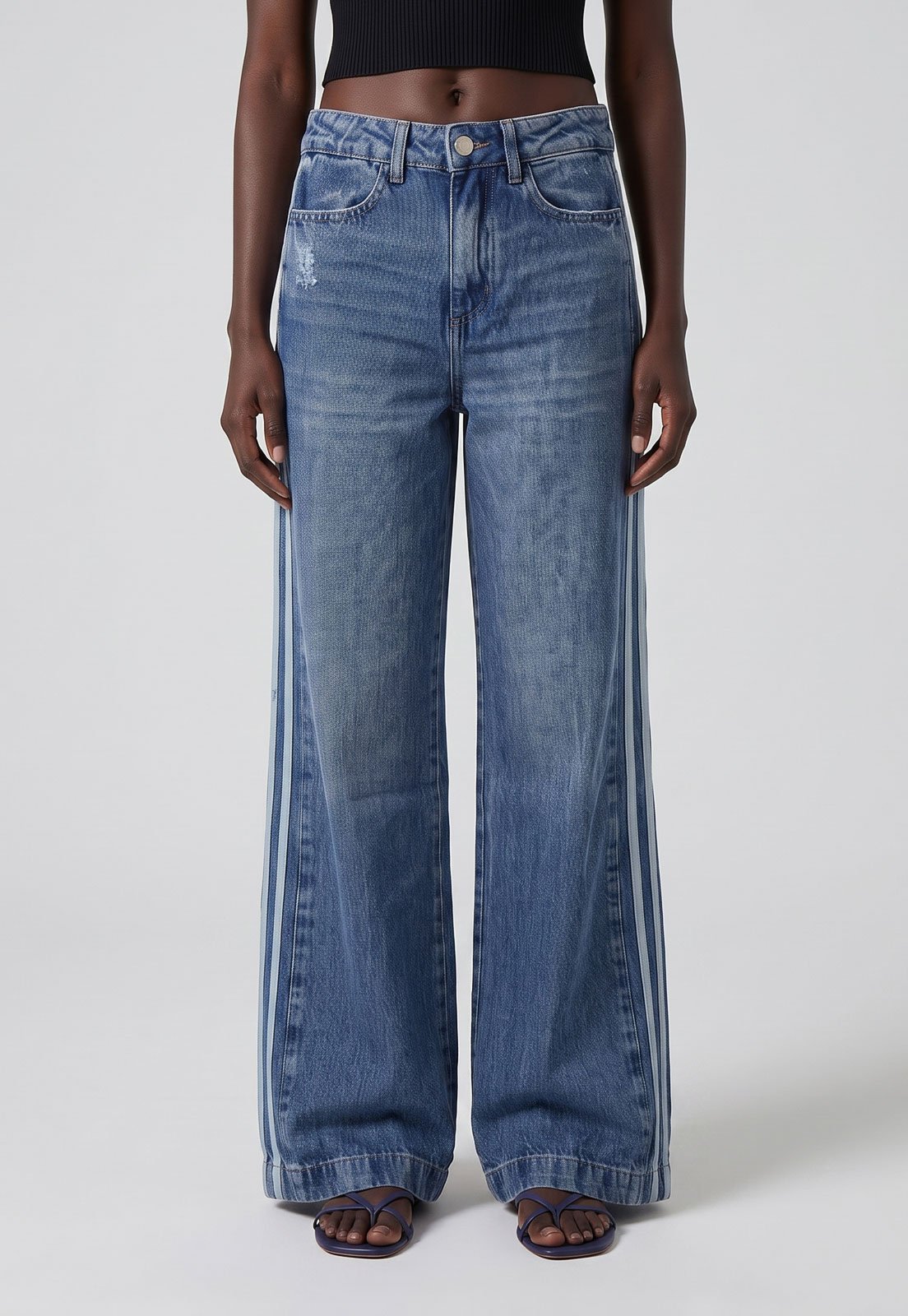 Calça Sawary Wide Leg Jeans Faixa Lateral Azul
